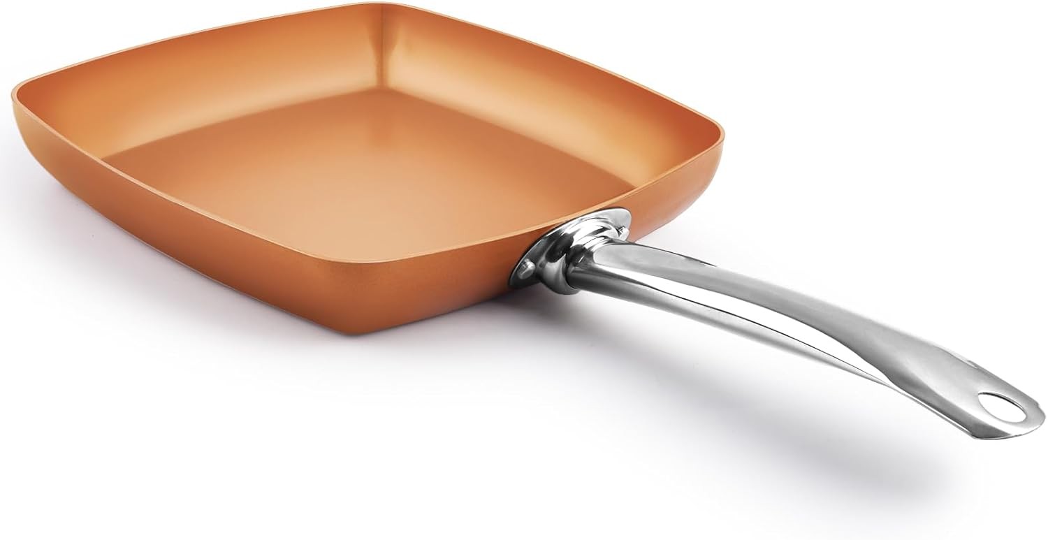 Non-Stick Copper Square Frying Pan, 9.5 Chef Skillet with Ceramic Coating, Oven