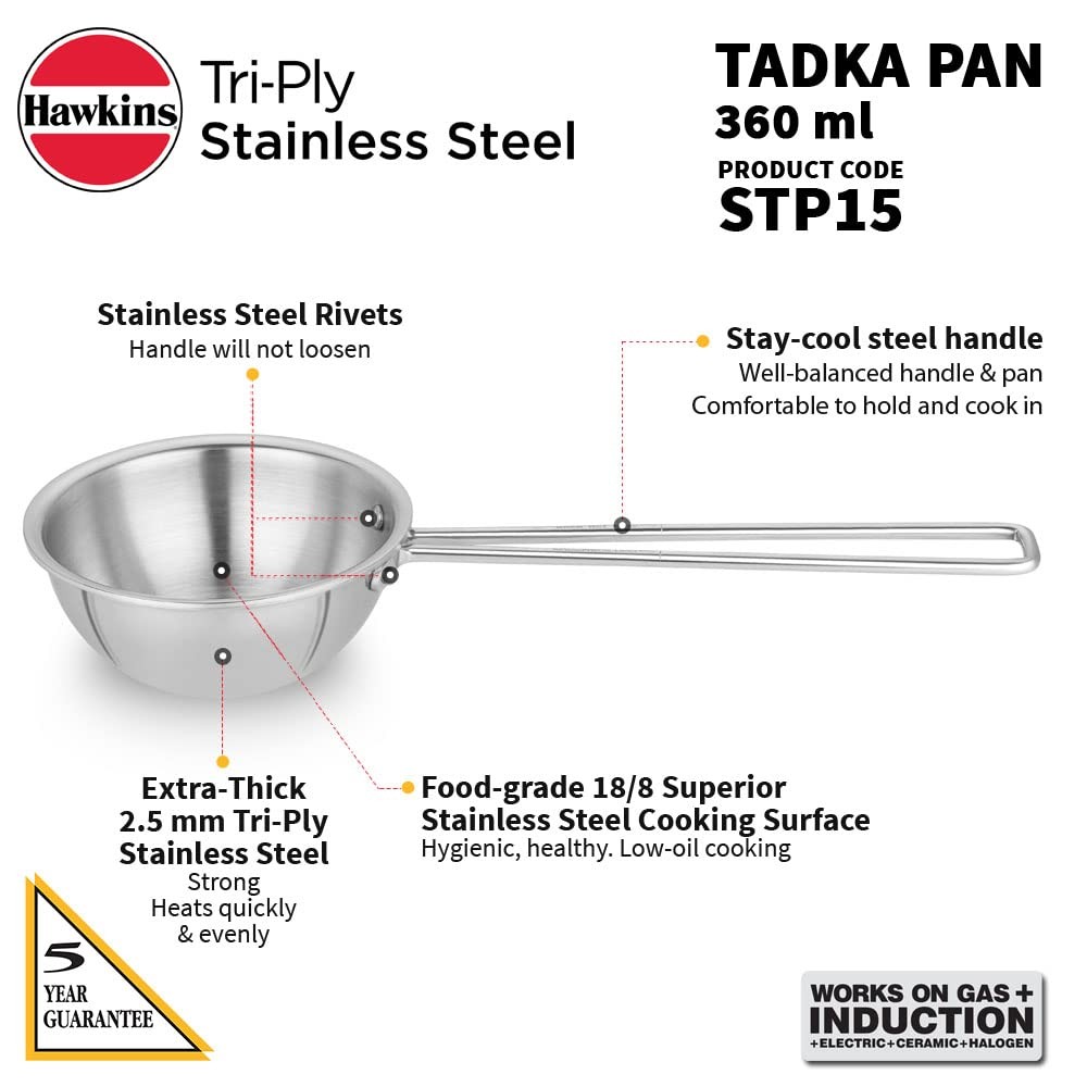 1.5 Cup Tadka Pan 360 ml Triply Stainless Steel Induction Pan Silver