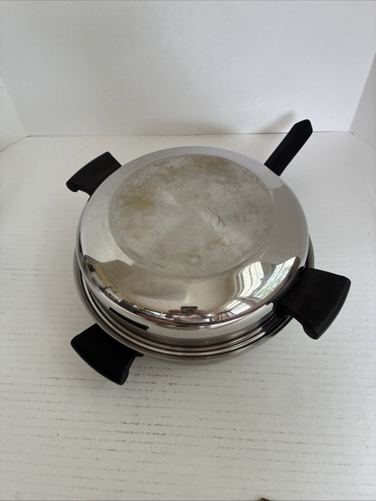 5 PC Amway QUEEN 18 8 SS Multi Ply 6qt Stock Pot Dome 11″ Fry Pan Lid Egg Insert