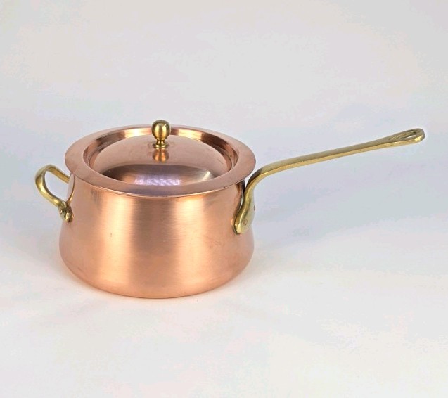 Copper Saucepan w/ Lid, Brass Handle, Double Handle, 3 qt, 7 in Dia