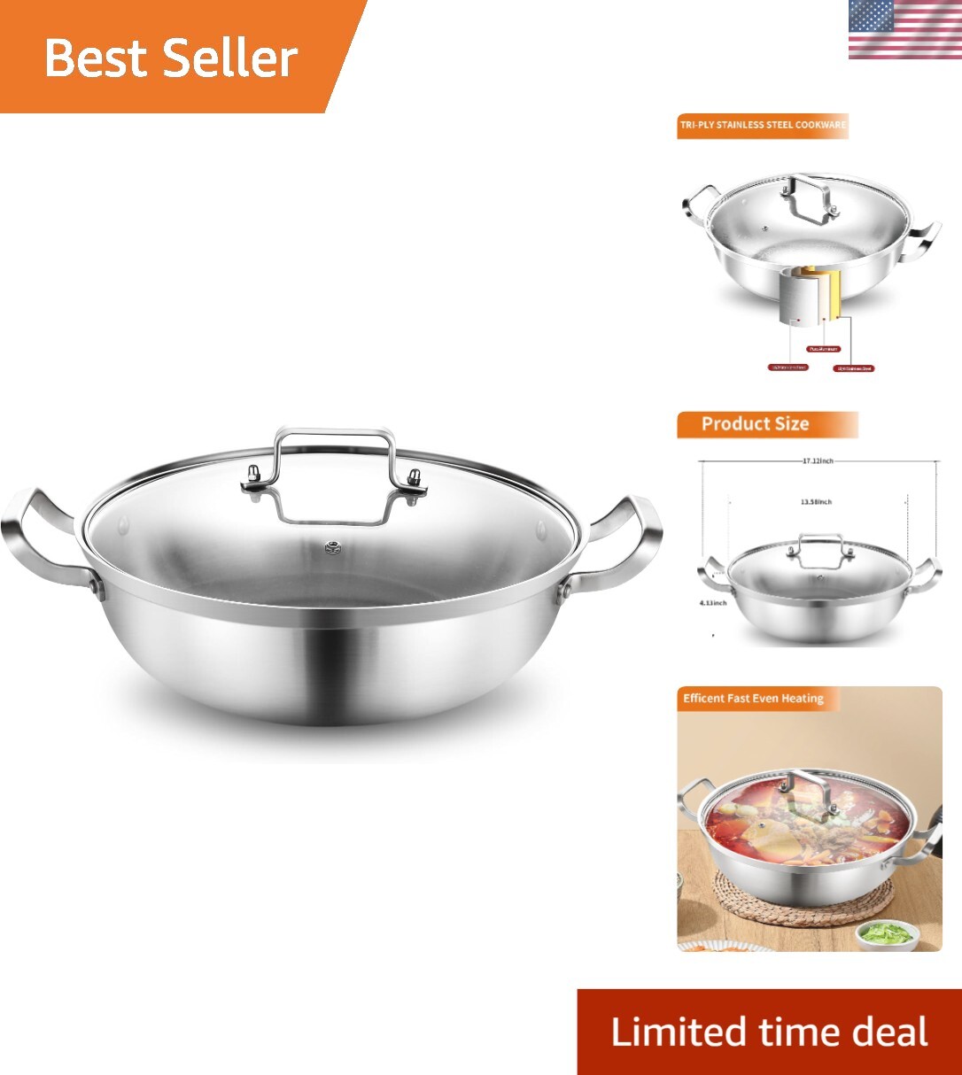 Premium Tri-Ply Stainless Steel 14-Inch Everyday Pan – 7QT Induction Pot