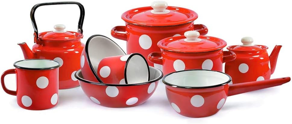 Stockpot Enameled Steel Pot Red White Polka-dot Enamelware Pot with Lid Kitchen
