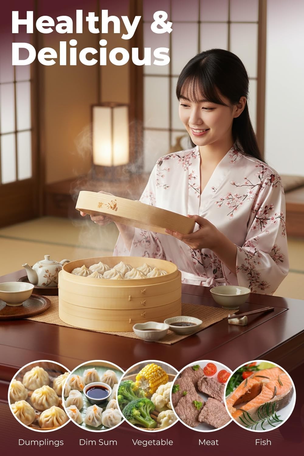 Authentic 2-Tier Bamboo Steamer with Lid for Cooking Rice and Asian Delicacies