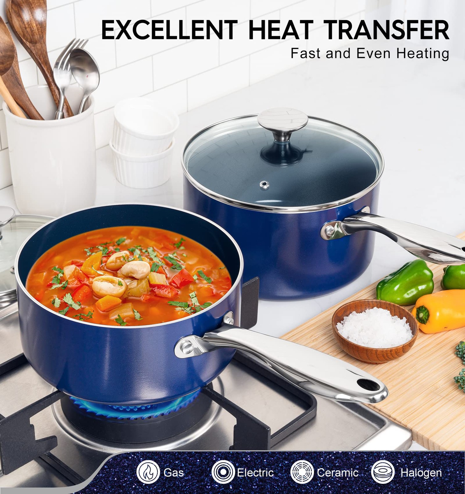 1 Quart Nonstick Ceramic Saucepan with Lid Stainless Steel Handle Oven Safe Blue