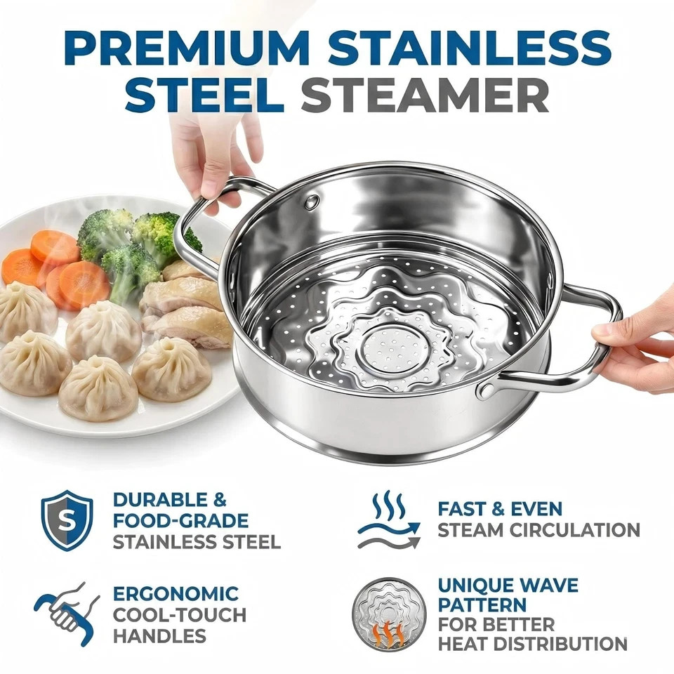 2 Tier Steamer Pot with Lid 4 Quart Stainless Steel Food Cooking Vegetable