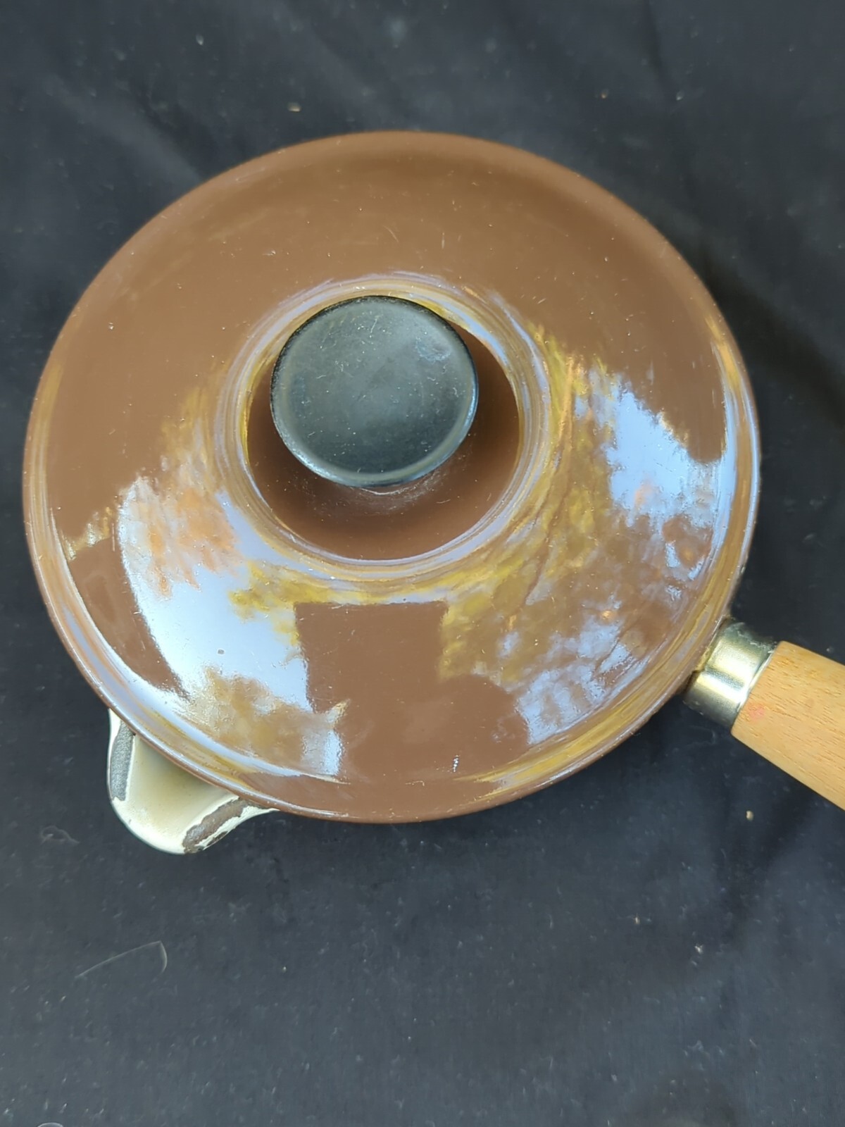 Vintage Le Creuset Enameled Cast Iron #14 Sauce Pan With Lid Wood Handle Brown