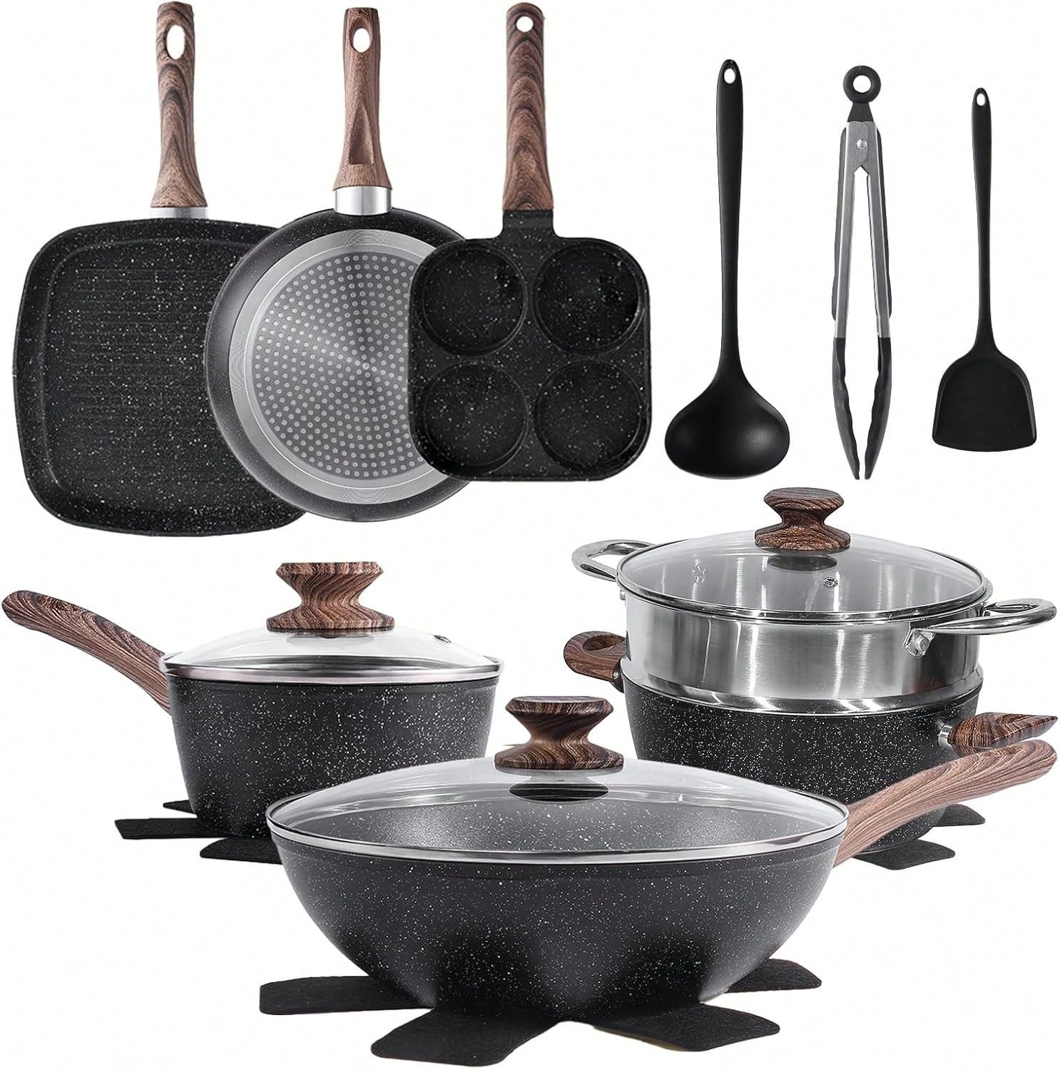 17 Pcs Pots and Pans Set Non Stick Induction Cookware Detachable Handle Black