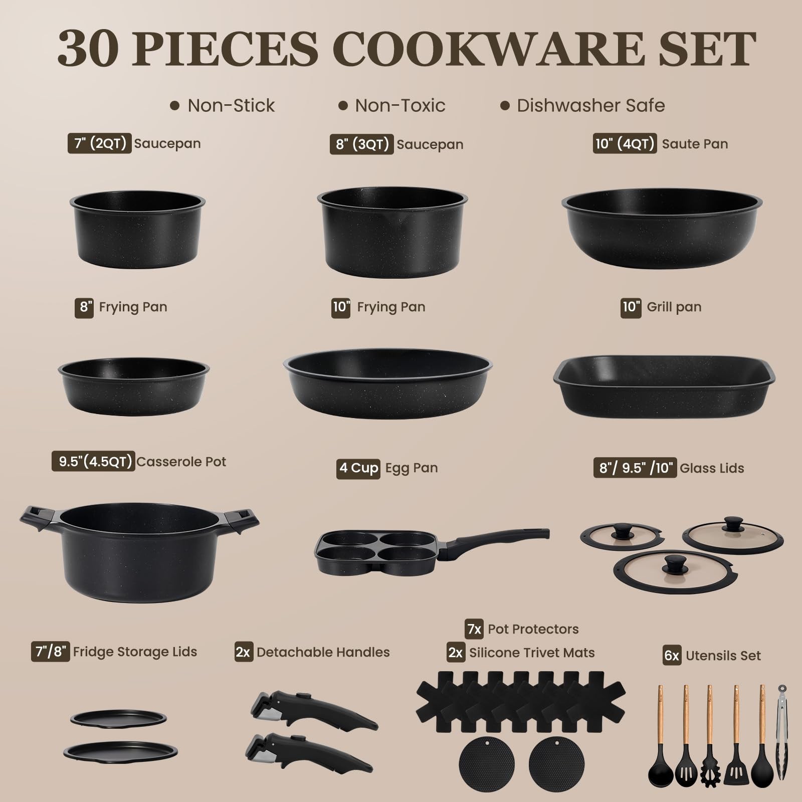 30-Piece Nonstick Pots and Pans Set, Cookware with Removable Handle
