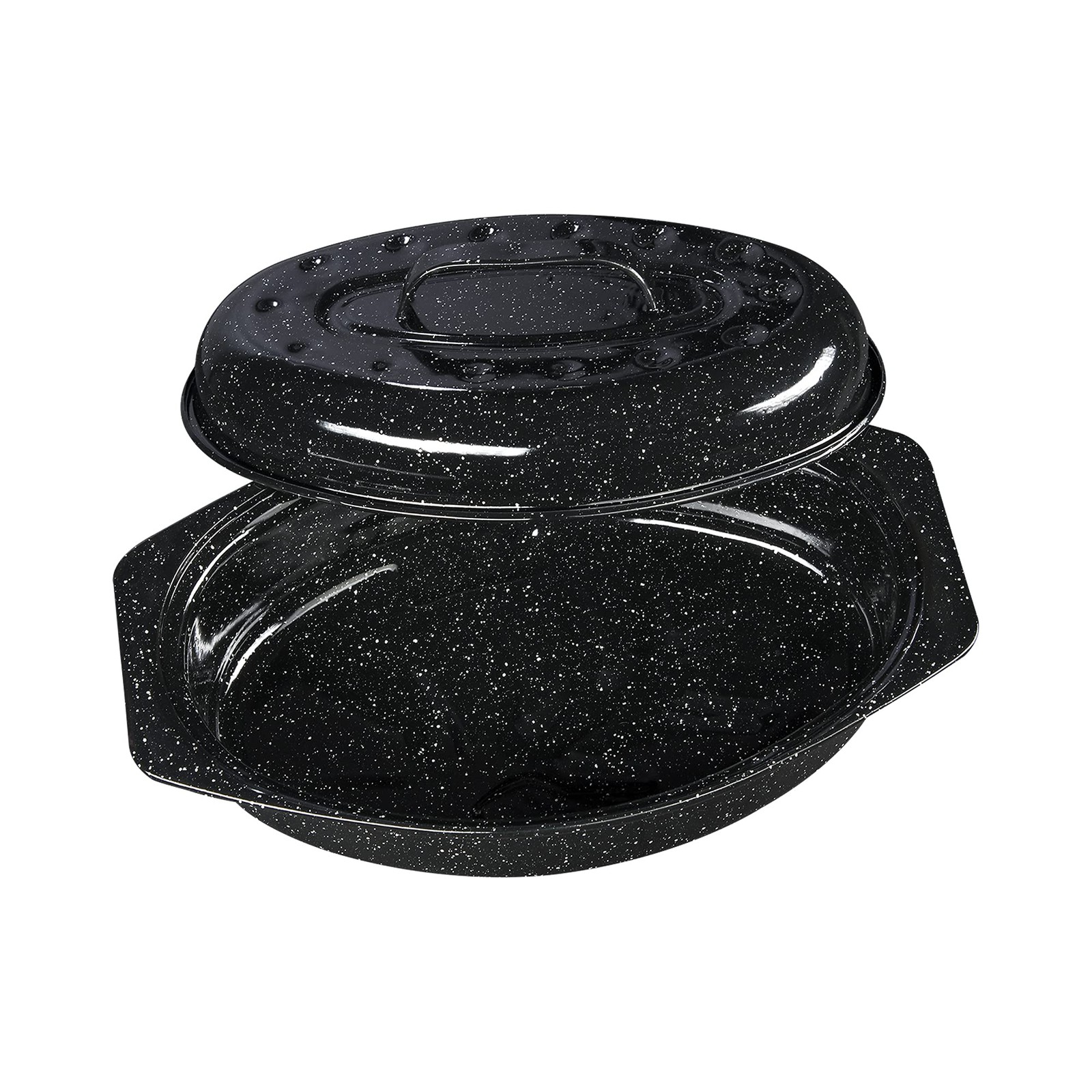 13-inch oval roaster with Lid. Enameled steel design to accommodate up to 7 lb p