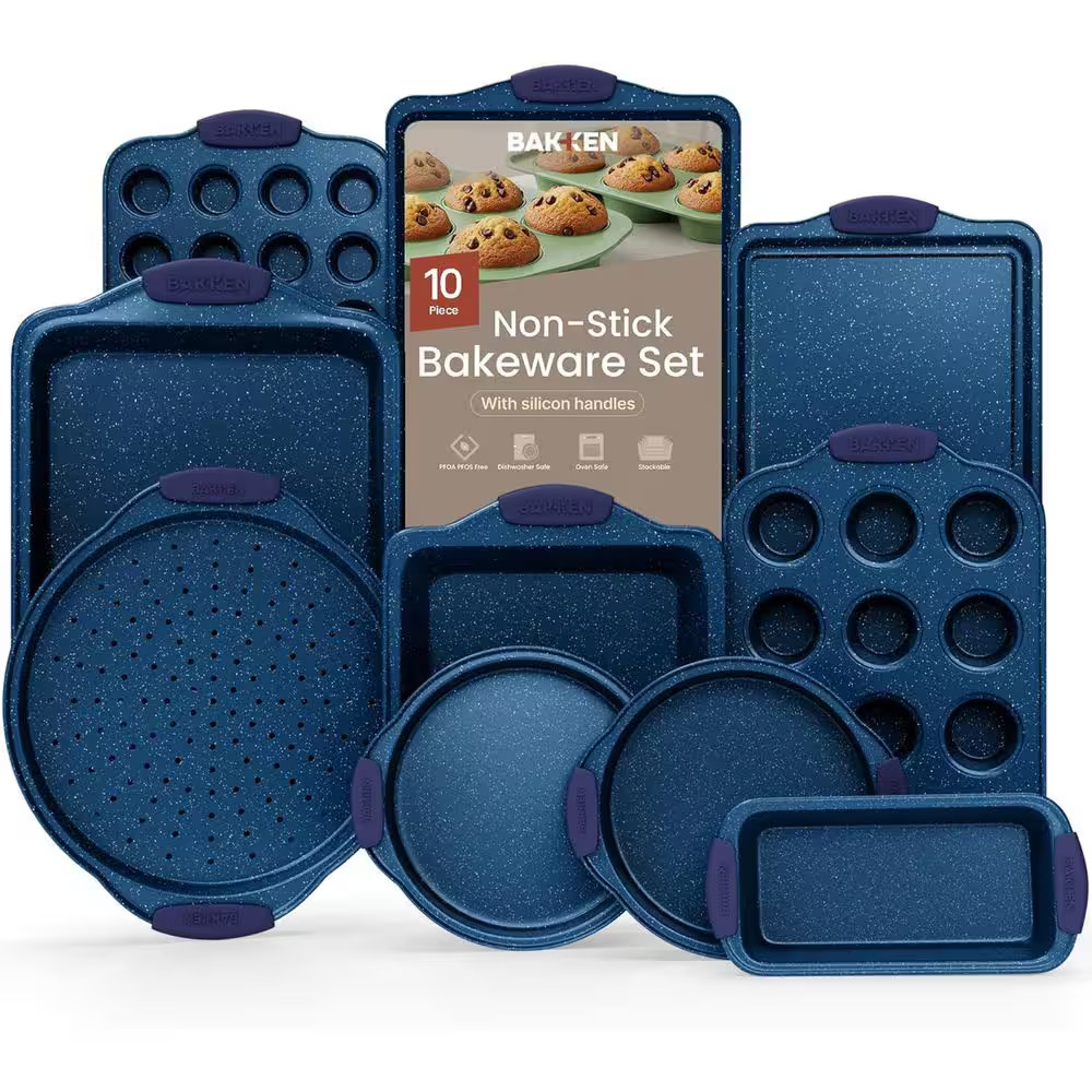 10-Piece Nonstick Coating, Carbon Steel Bakeware Sets with Blue Silicone Handles
