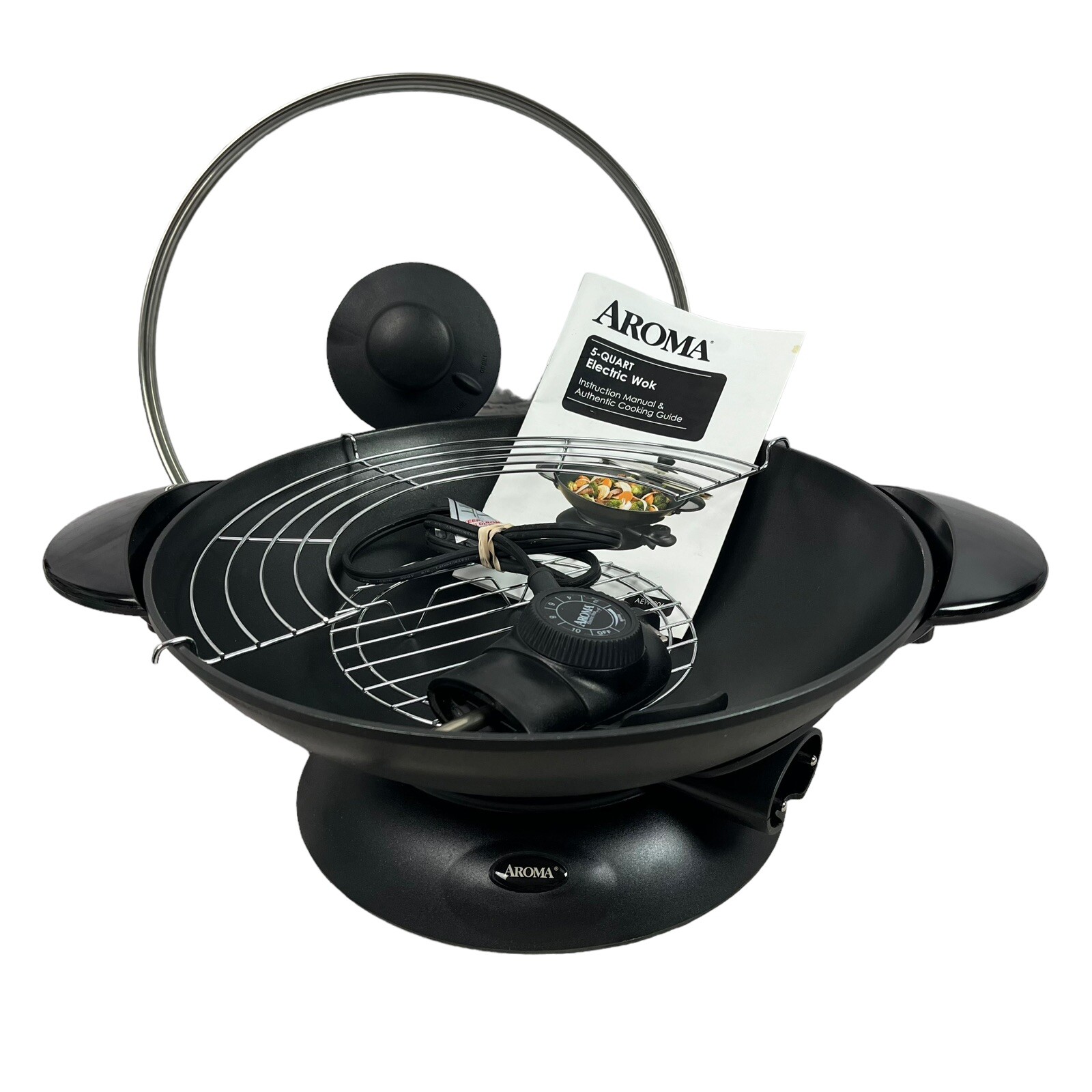Aroma 5 Quart Electric Wok AEW-306 Black Tempered Glass Lid