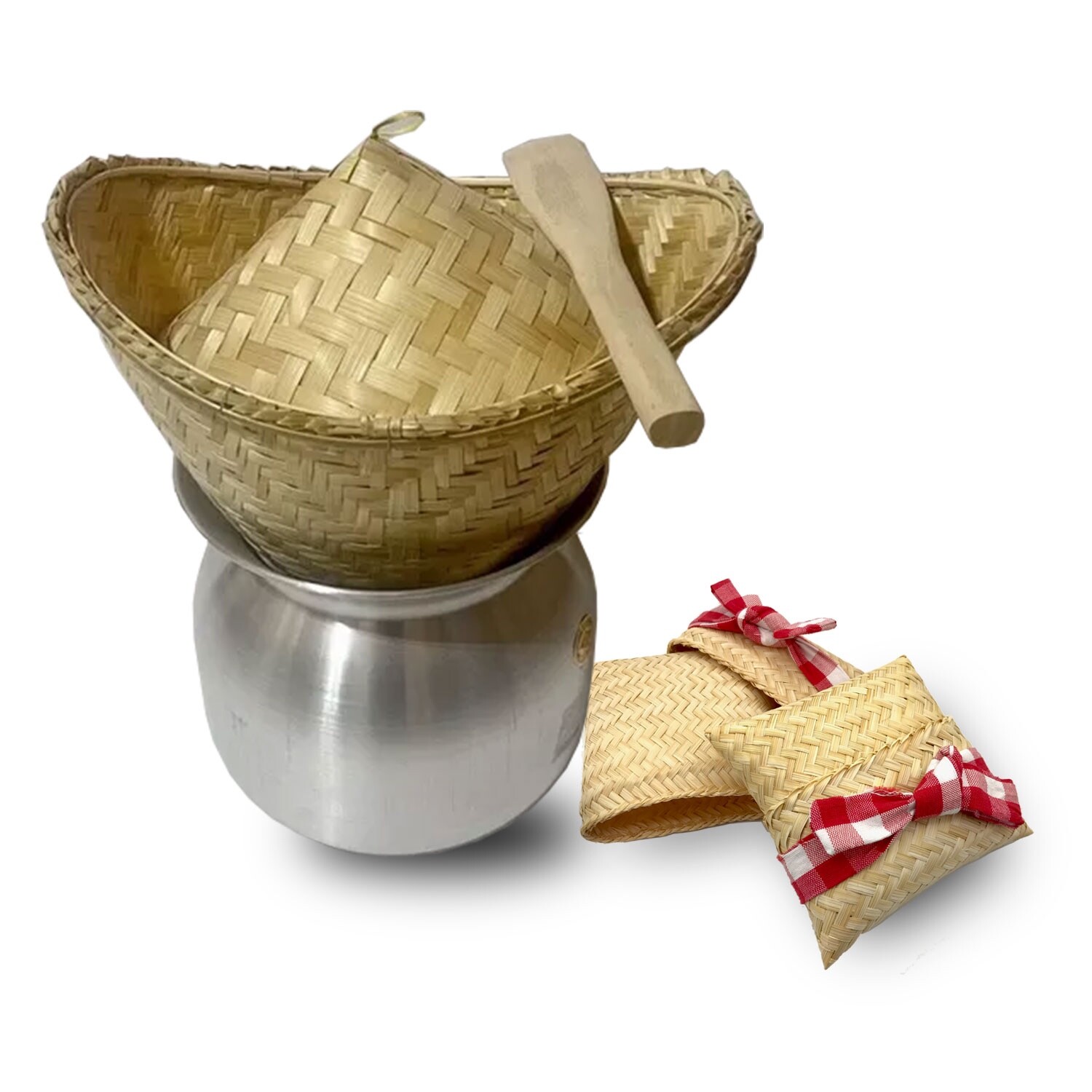 Value M Set Jasmin Lao Sticky Rice Cooker Steamer Bamboo Square Basket Spatula