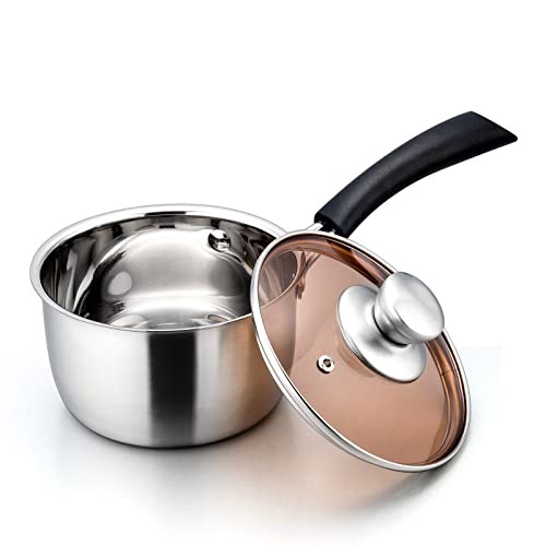 1 Quart Stainless Steel Saucepan with Glass Lid, Small Sauce Pot, Rust Resistant
