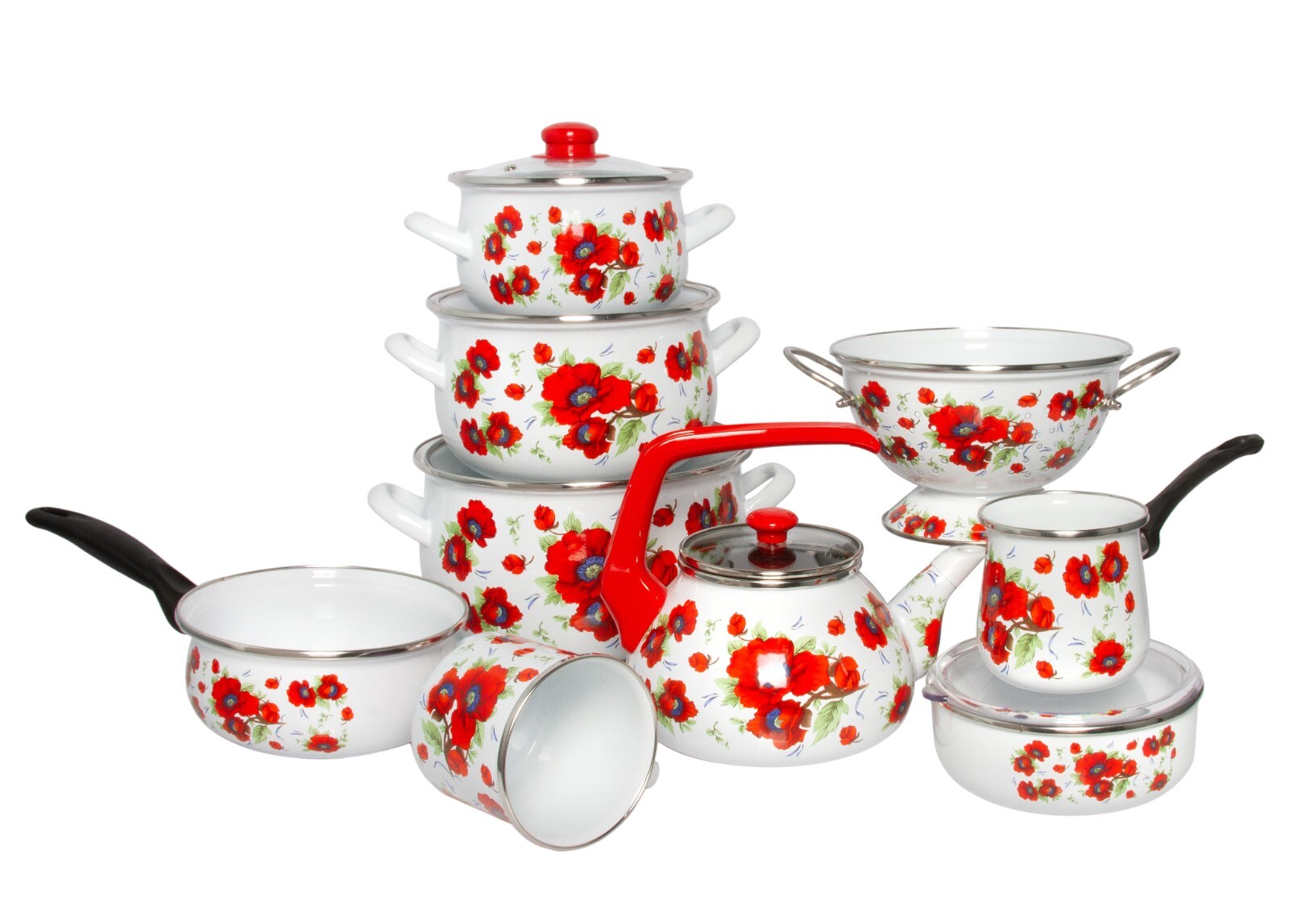 POPPY FLOWERS Enamelware Stockpot with Glass Lids, Enameled Cooking Pot 6.5 qt