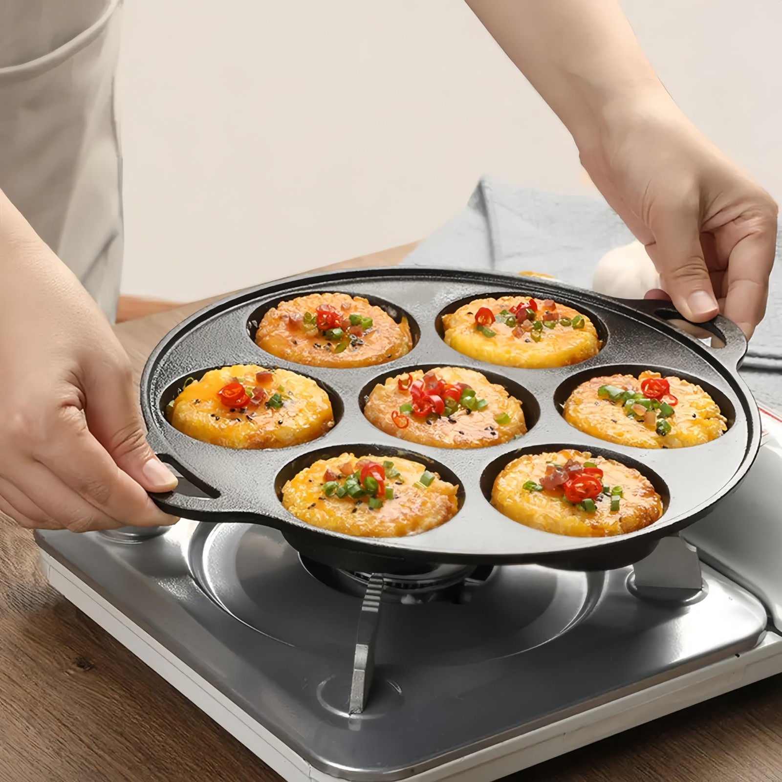 Cast Iron 7Cup Egg Pan Skillet 10 Inch Omelette Breakfast Fried Sandwiches