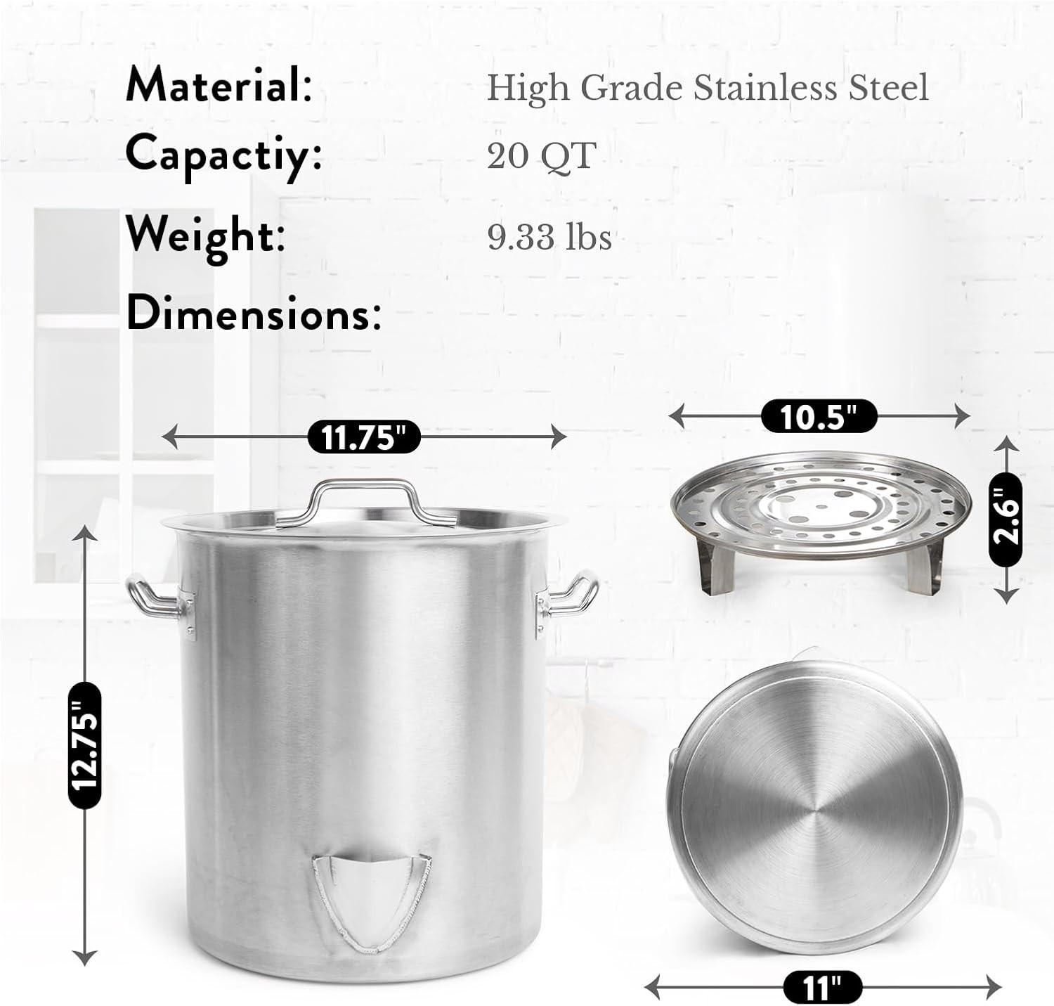 20Qt Stainless Steel Steamer Pot with Rack & Divider – Induction Ready