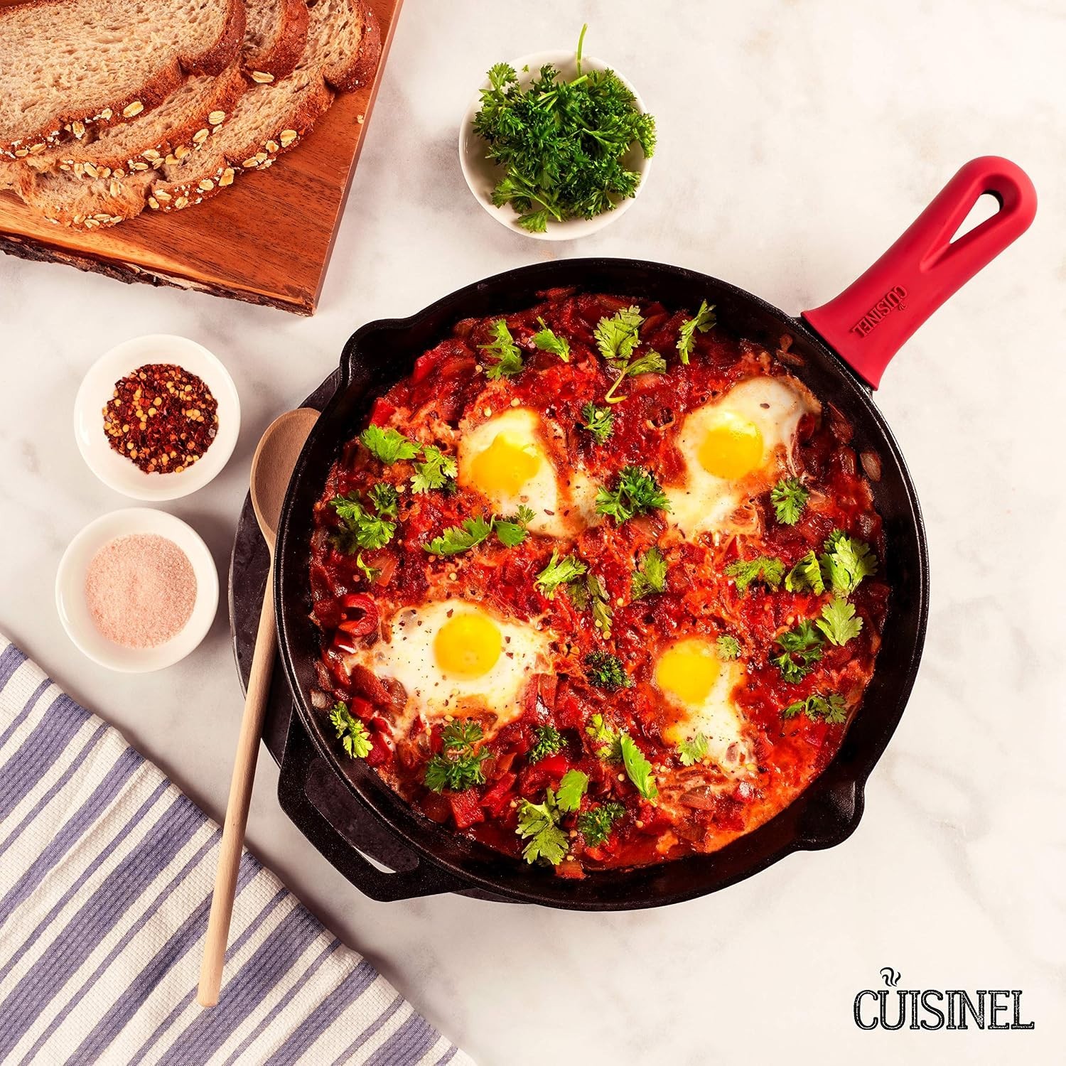 Oven Safe 12-Inch Cast Iron Skillet with Essential Glass Lid and Silicone Holder