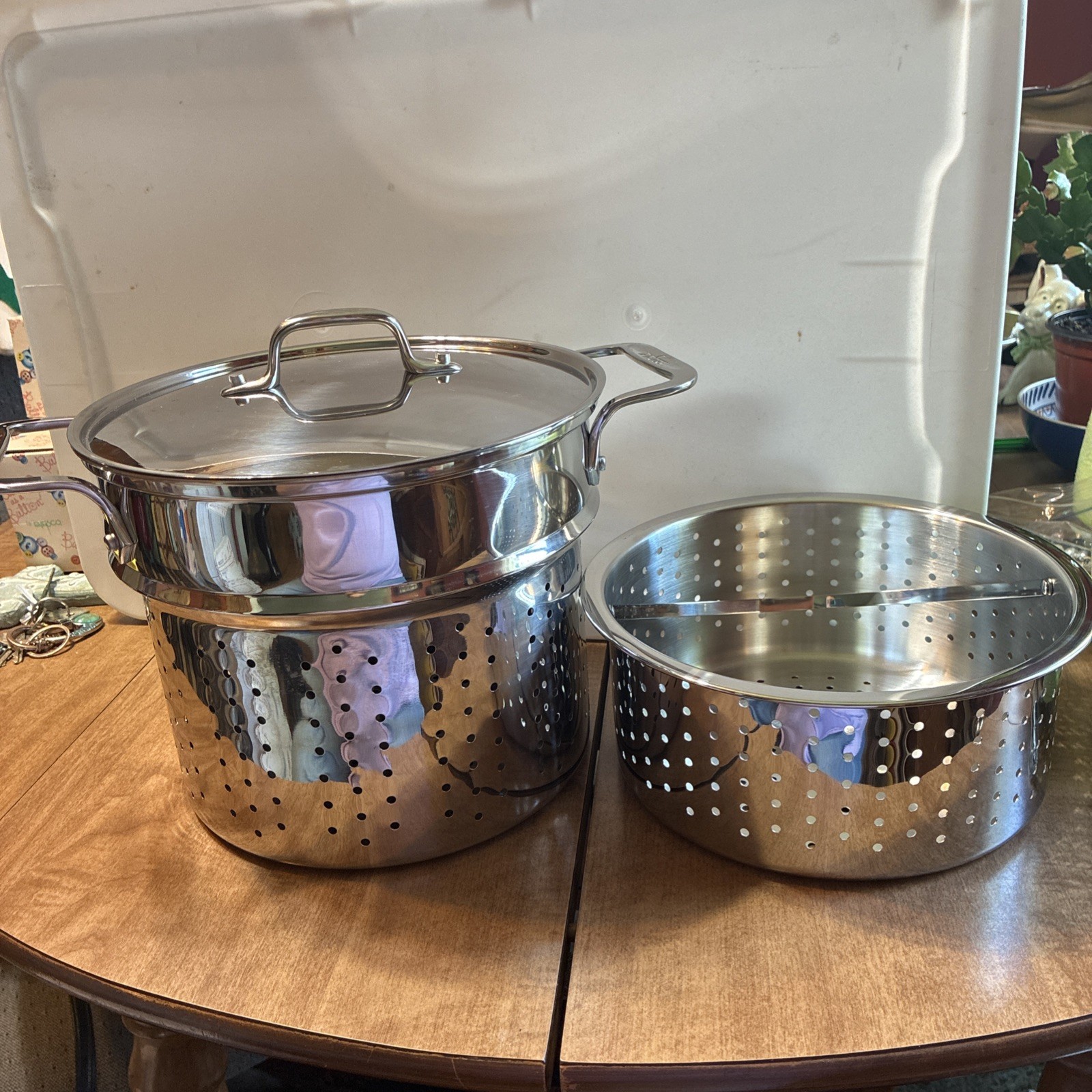 All-Clad Stainless Steel Perforated Pasta Strainer/Steamer Basket /Lid Brand New