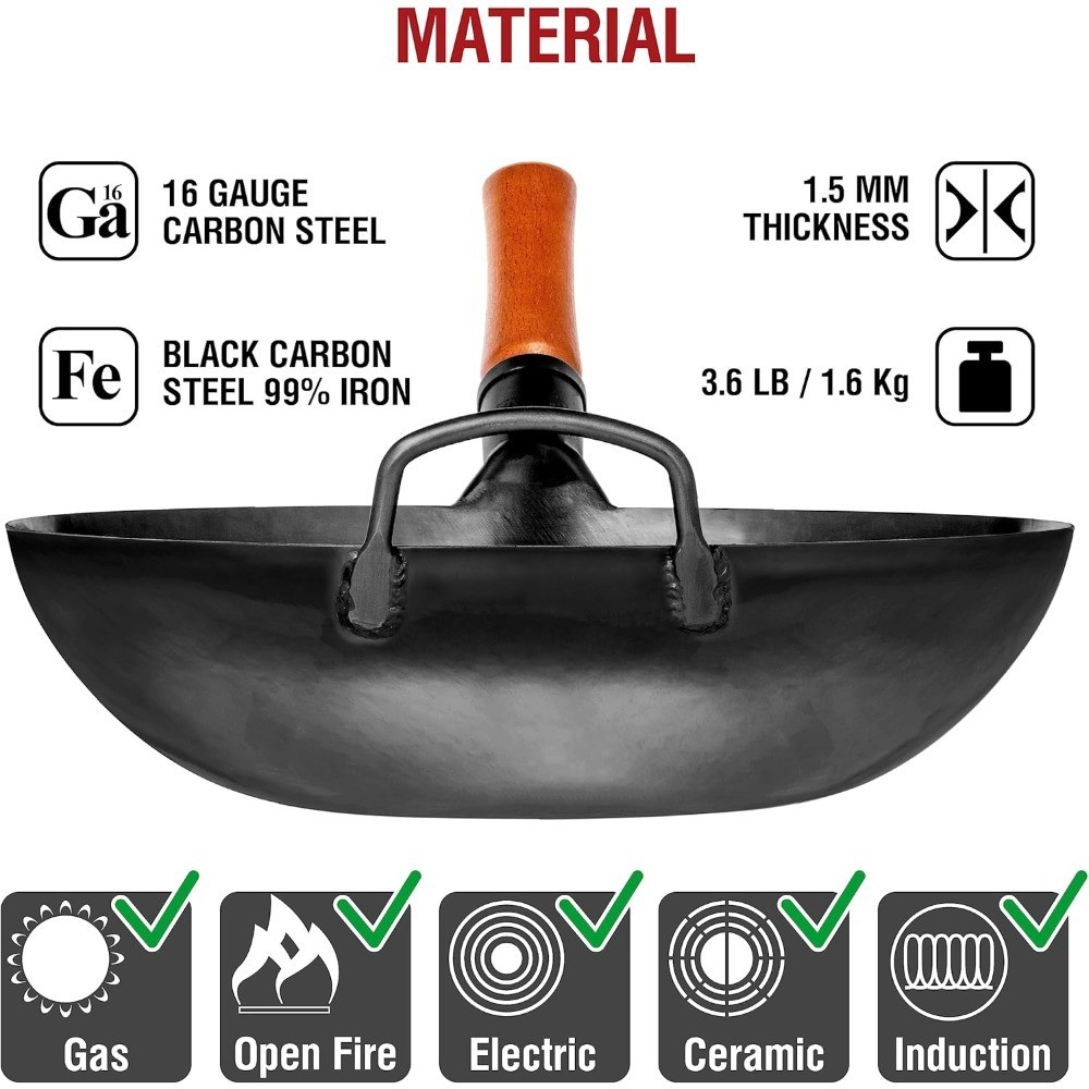 Pre-Seasoned Carbon Steel Wok Pan Flat Bottom Japanese Chinese Cookware for Stir