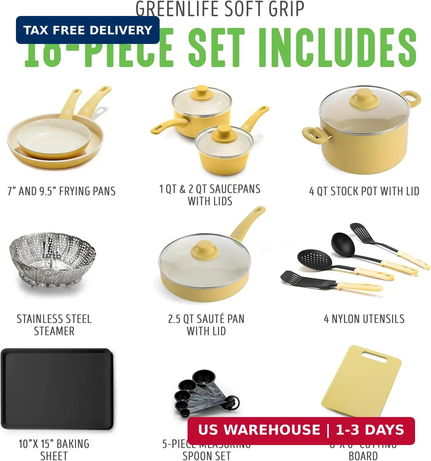GreenLife Soft Grip Healthy Ceramic Nonstick 18 Piece Kitchen Cookware Pots and