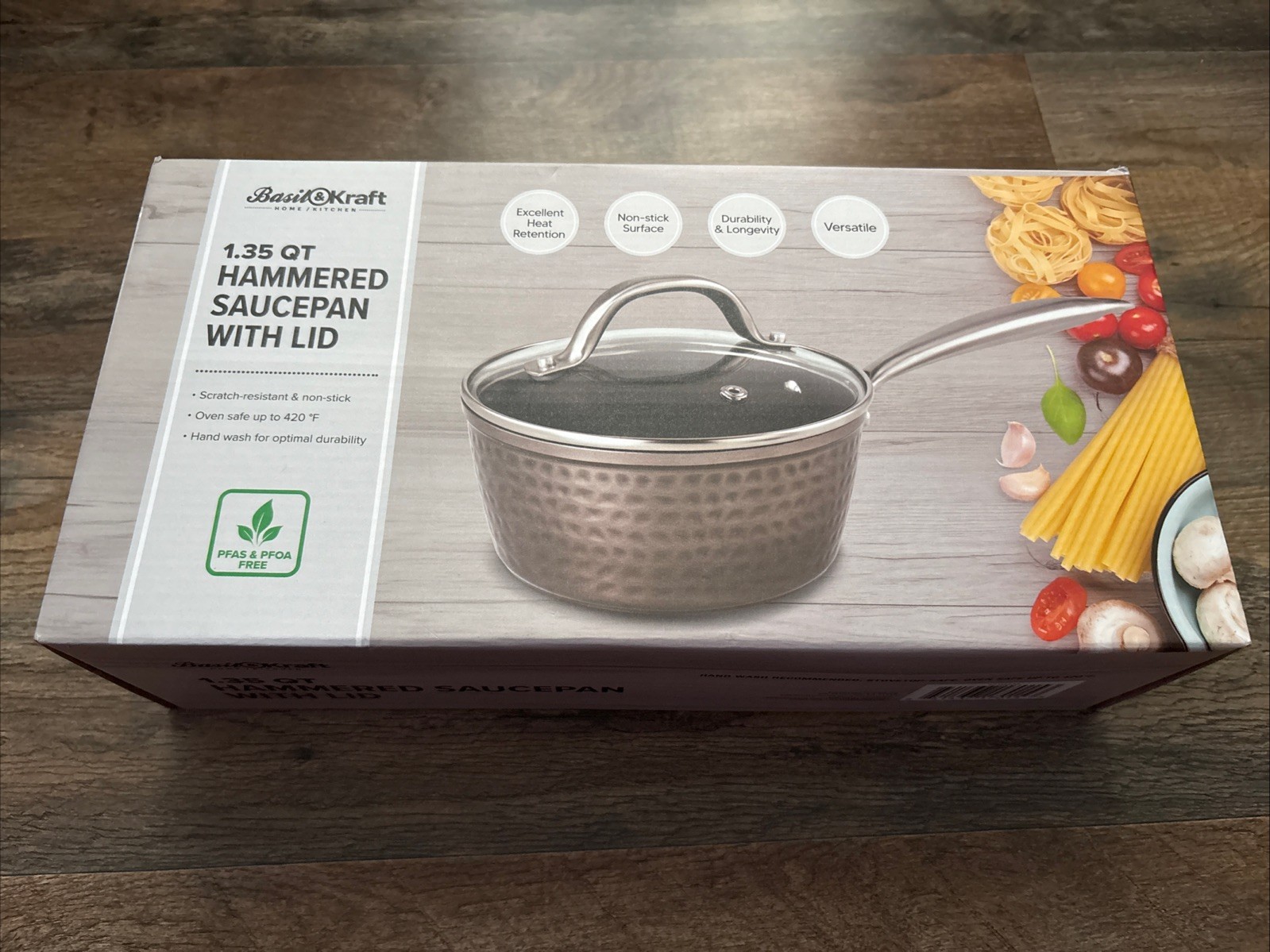 NEW IN BOX Basil & Kraft 1.35 Qt Hammered Saucepan With Lid