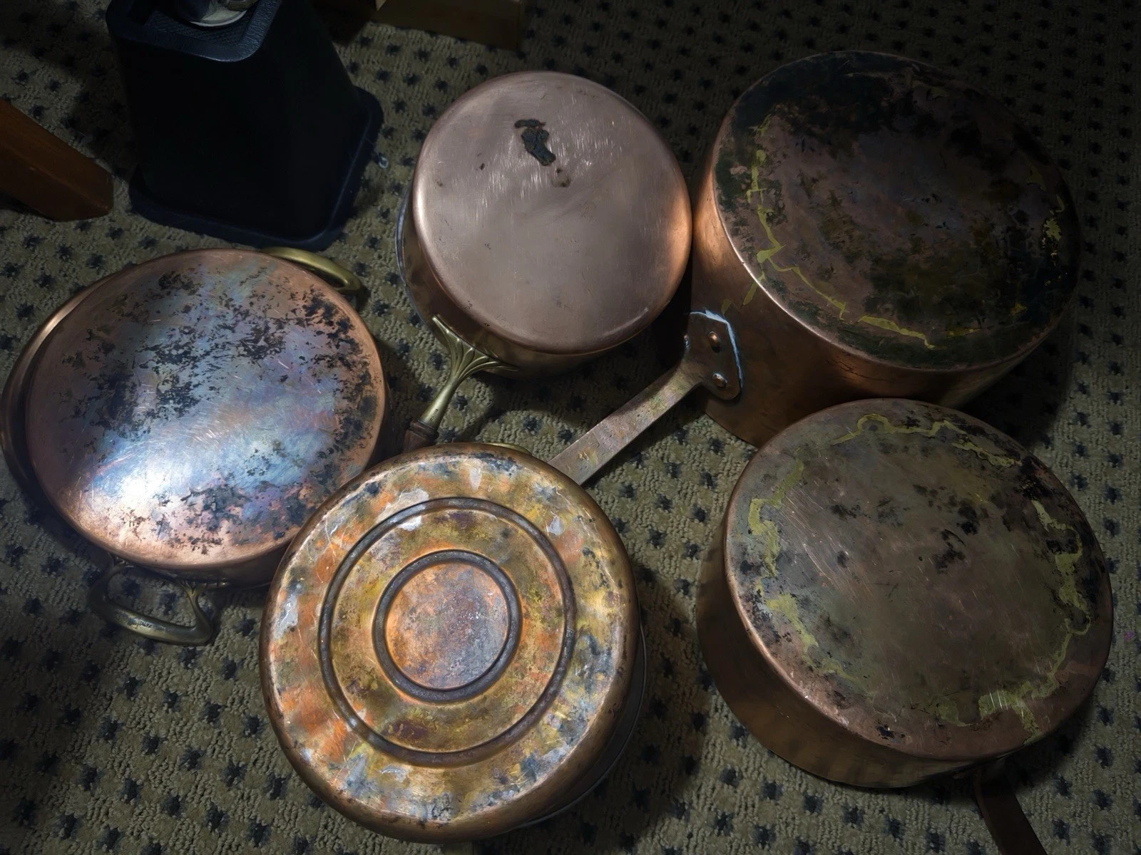 5 Pc Vintage Italian Copper Cookware Set Tin Lined Brass Handles-BEAUTIFUL