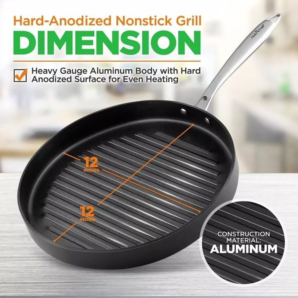 NutriChef 12in Hard-Anodized Nonstick Grill Pan – Dishwasher Safe PFOA Free. New