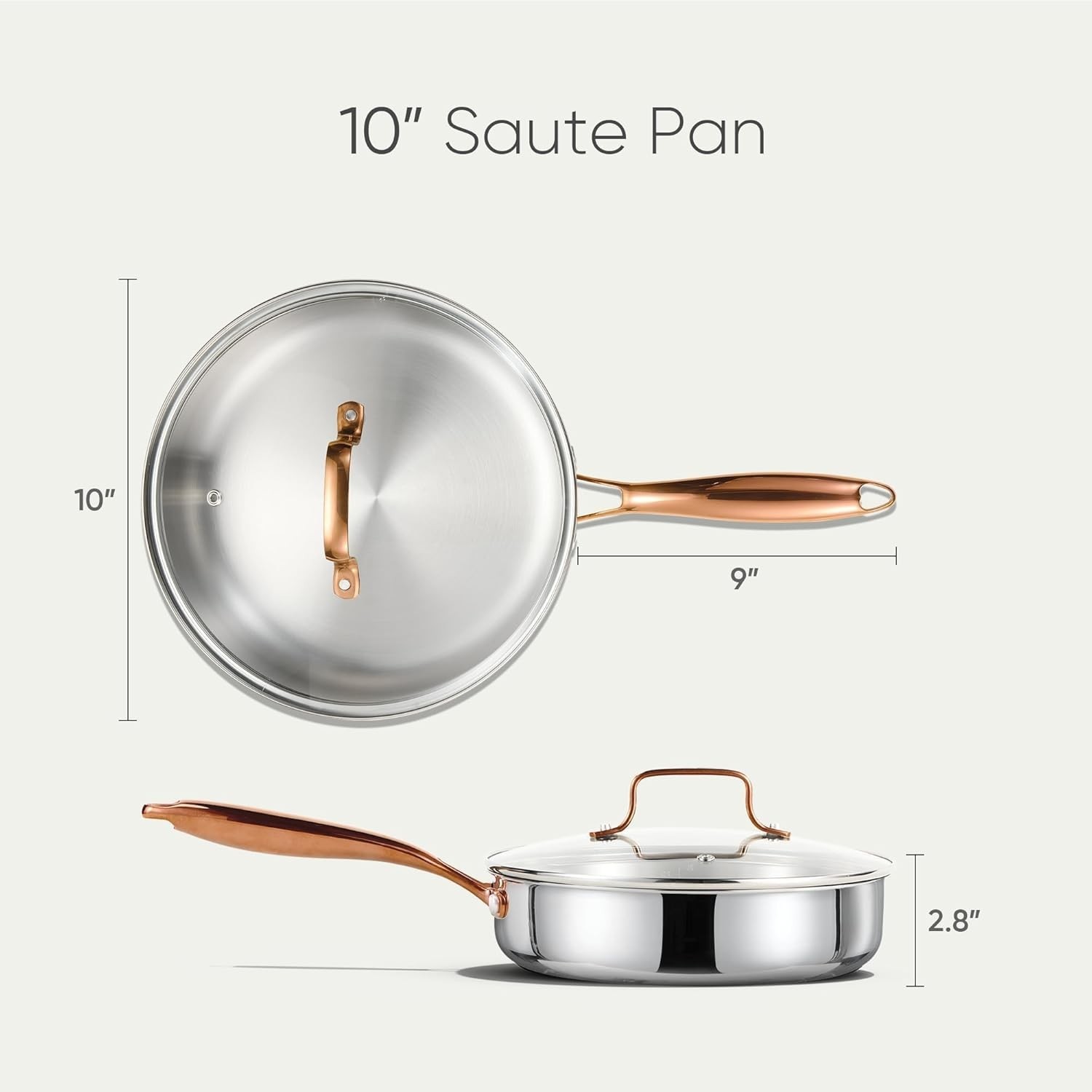 10″ Tri-Ply Stainless Steel Deep Frying Pan with Lid, Non-Toxic Saute Pan, Ov…