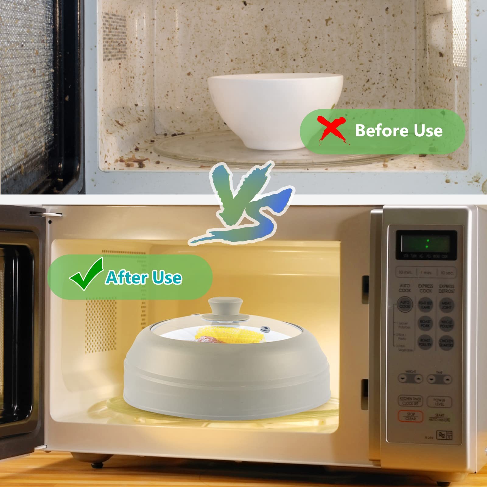 Microwave Splatter Cover for Food,10.5 Inch Collapsible Silicone and Glass Co…
