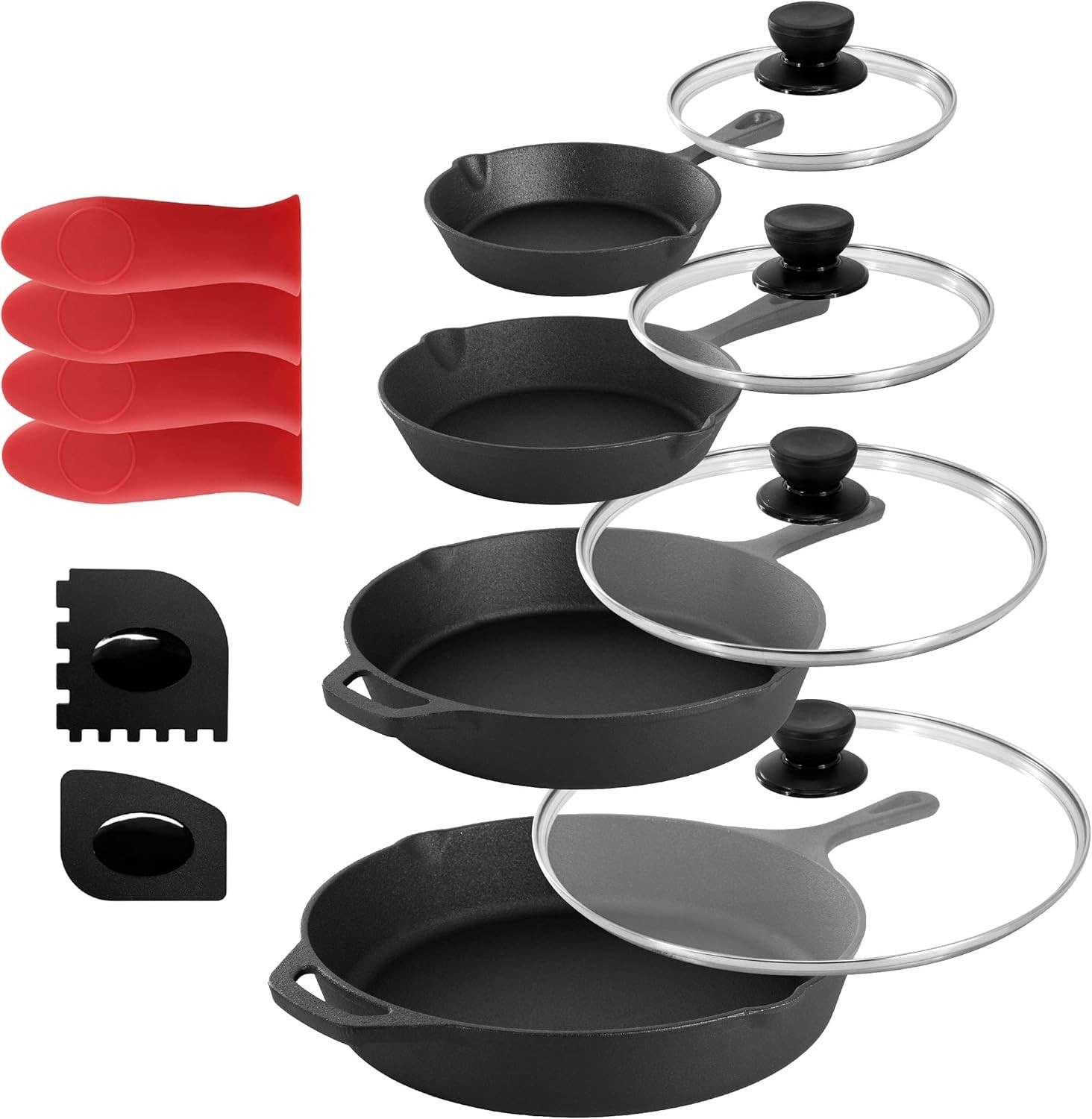 MegaChef 13 Piece Pre-Seasoned Cast Iron Skillet Set Tempered Glass Lids Silicon