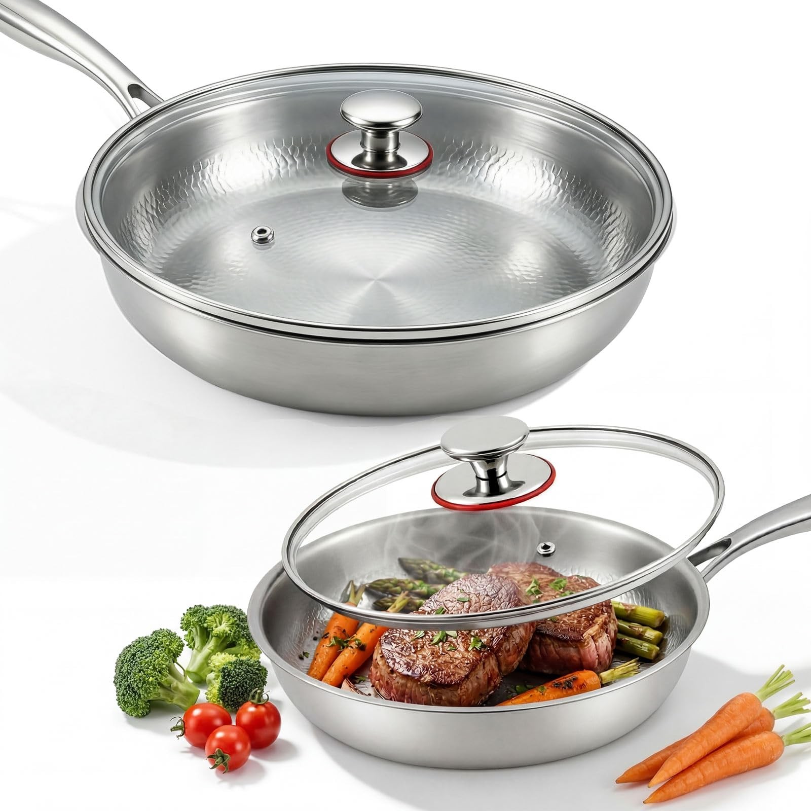 2 Pcs 10.24″ 11.81″ Titanium Pan Set, Hammered Titanium Pan with Lid for Cook