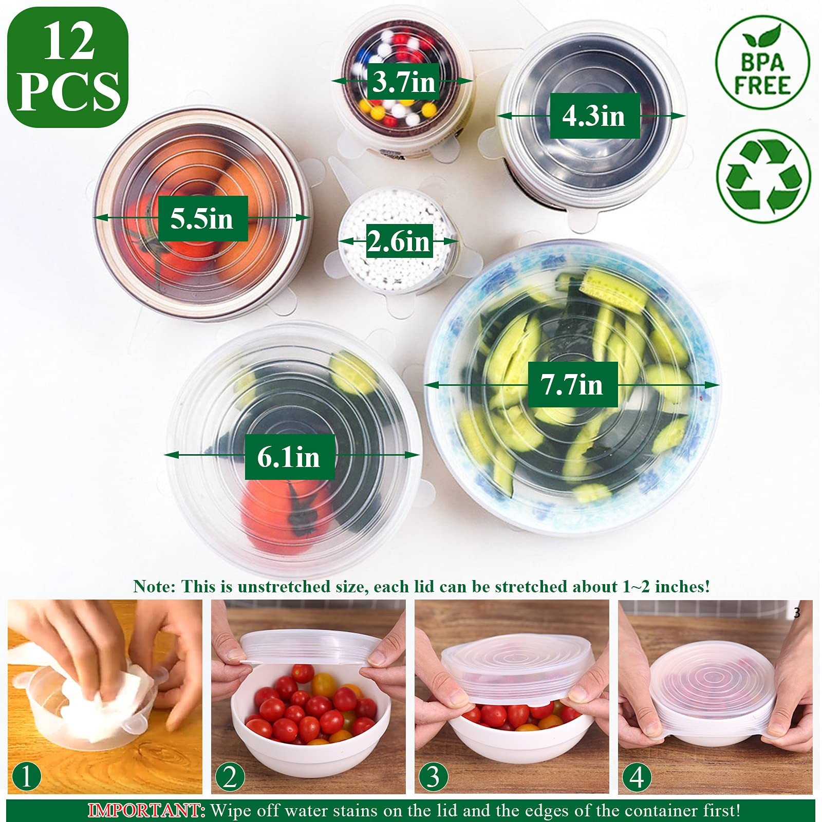 12 Pack Reusable Elastic Silicone Stretch Lids Microwave Food Covers Bowl Lids