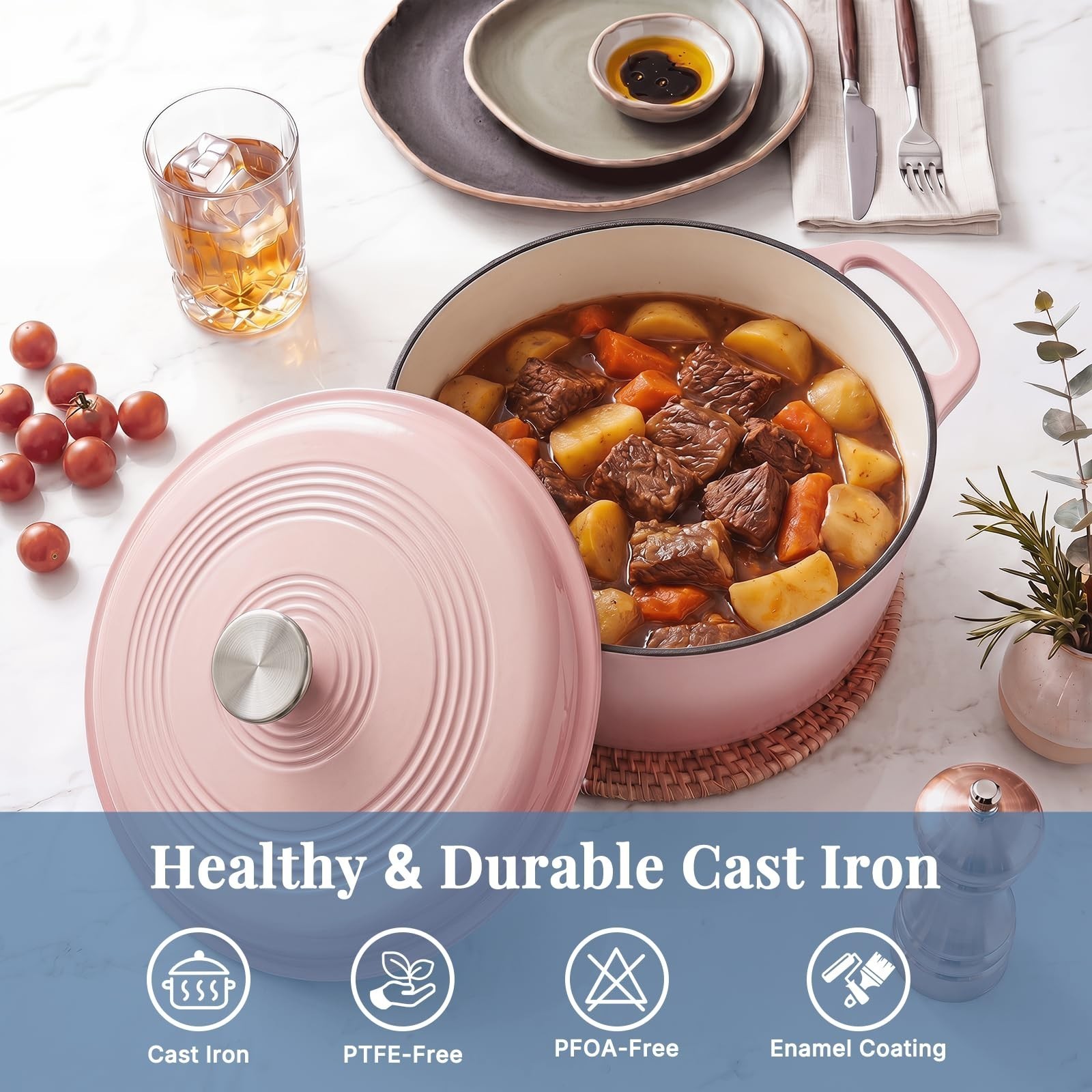 DUMOS 6 Qt Cast Iron Dutch Oven,w/ Lid&Dual Handles,Enameled Heavy Duty Cookware