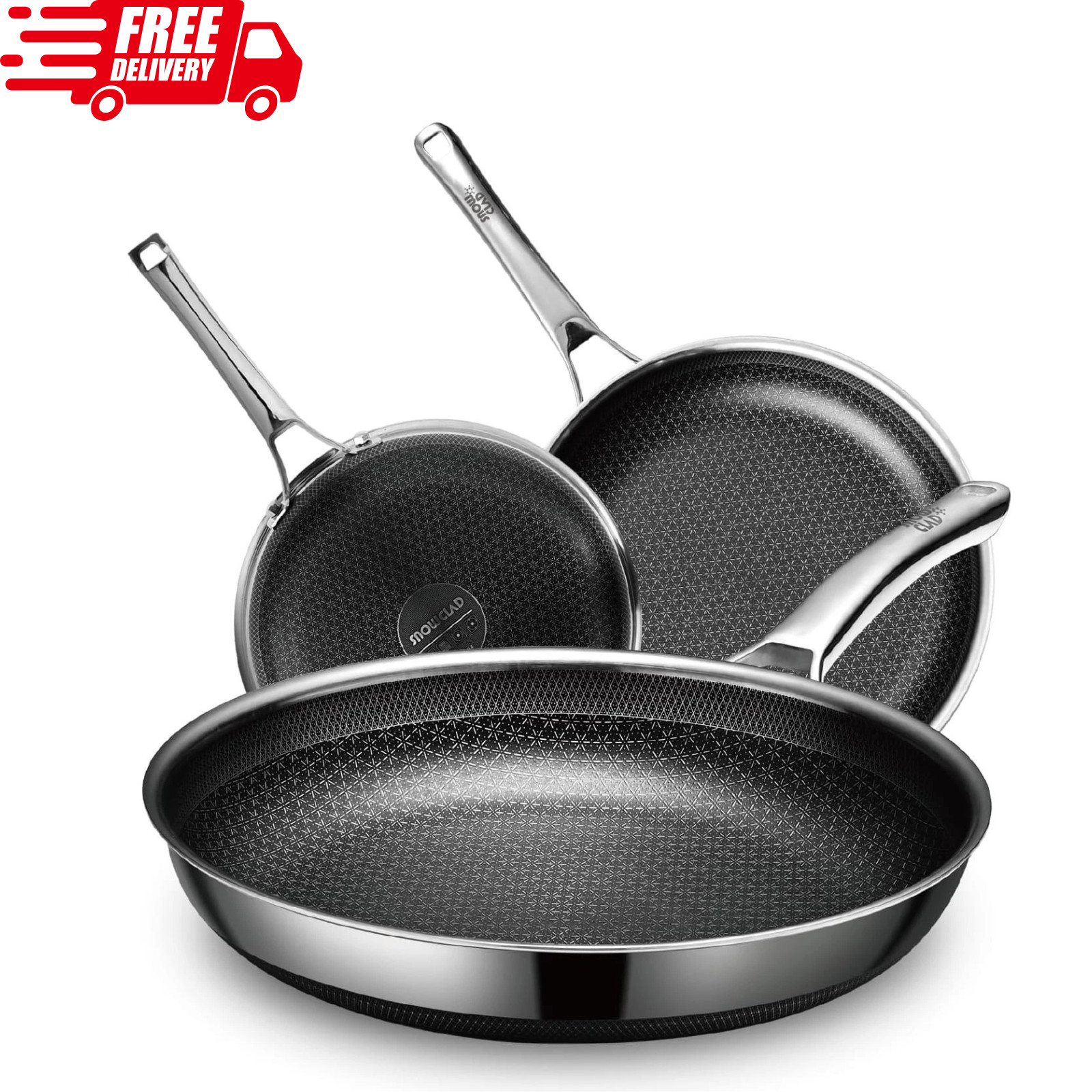 SnowClad Hex-Surface Stainless Nonstick Pan – Hybrid Clad 8/10/12 Inch Set