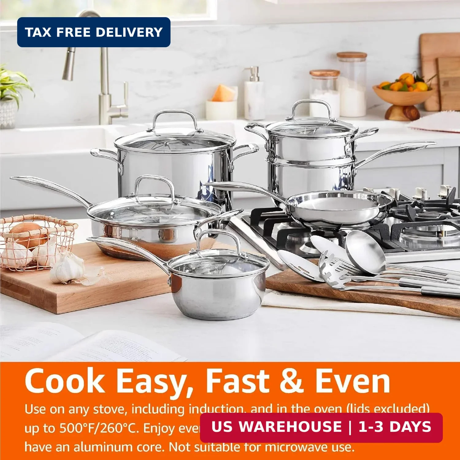 Amazon Basics Stainless Steel Cookware 15-Piece Set, Oven Safe, Induction-Ready,