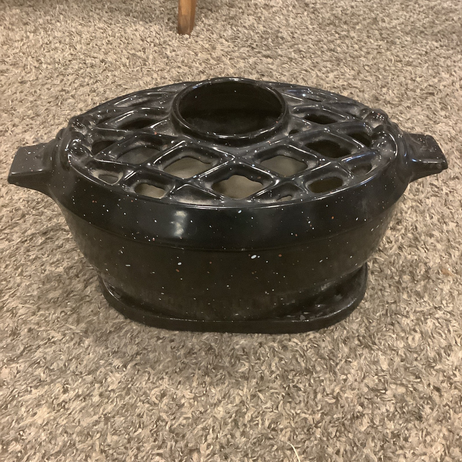 Vintage John Wright Cast Iron Oval Lattice Wood Stove Steamer Humidifier, Trivet