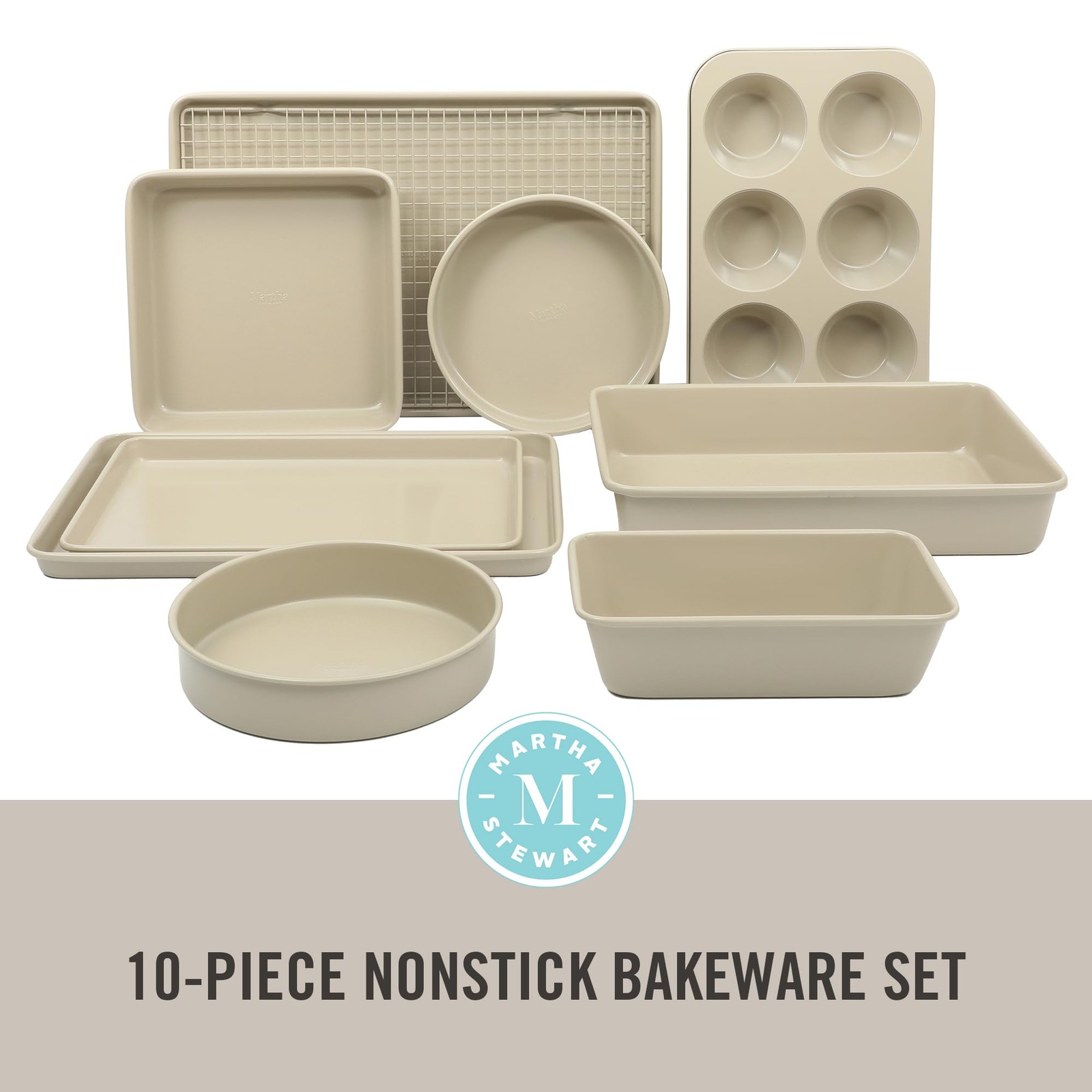 Martha Stewart Gallen 10 Piece Baking Pans 10-Piece Bakeware Set, Taupe