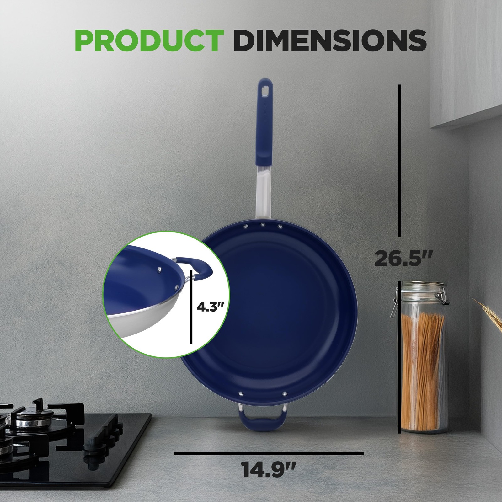 NutriChef 14″ Fry Pan With Lid – Extra 14″, Silver exterior/Blue interior