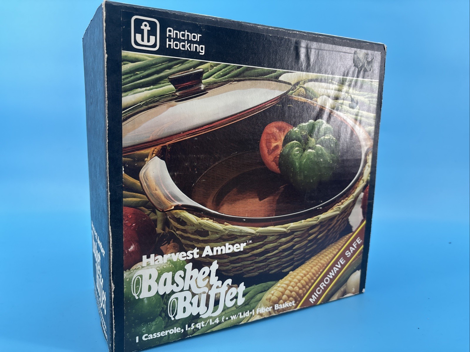 Vtg Anchor Hocking Basket Buffet Harvest Amber 1.5qt Casserole New in Box M400