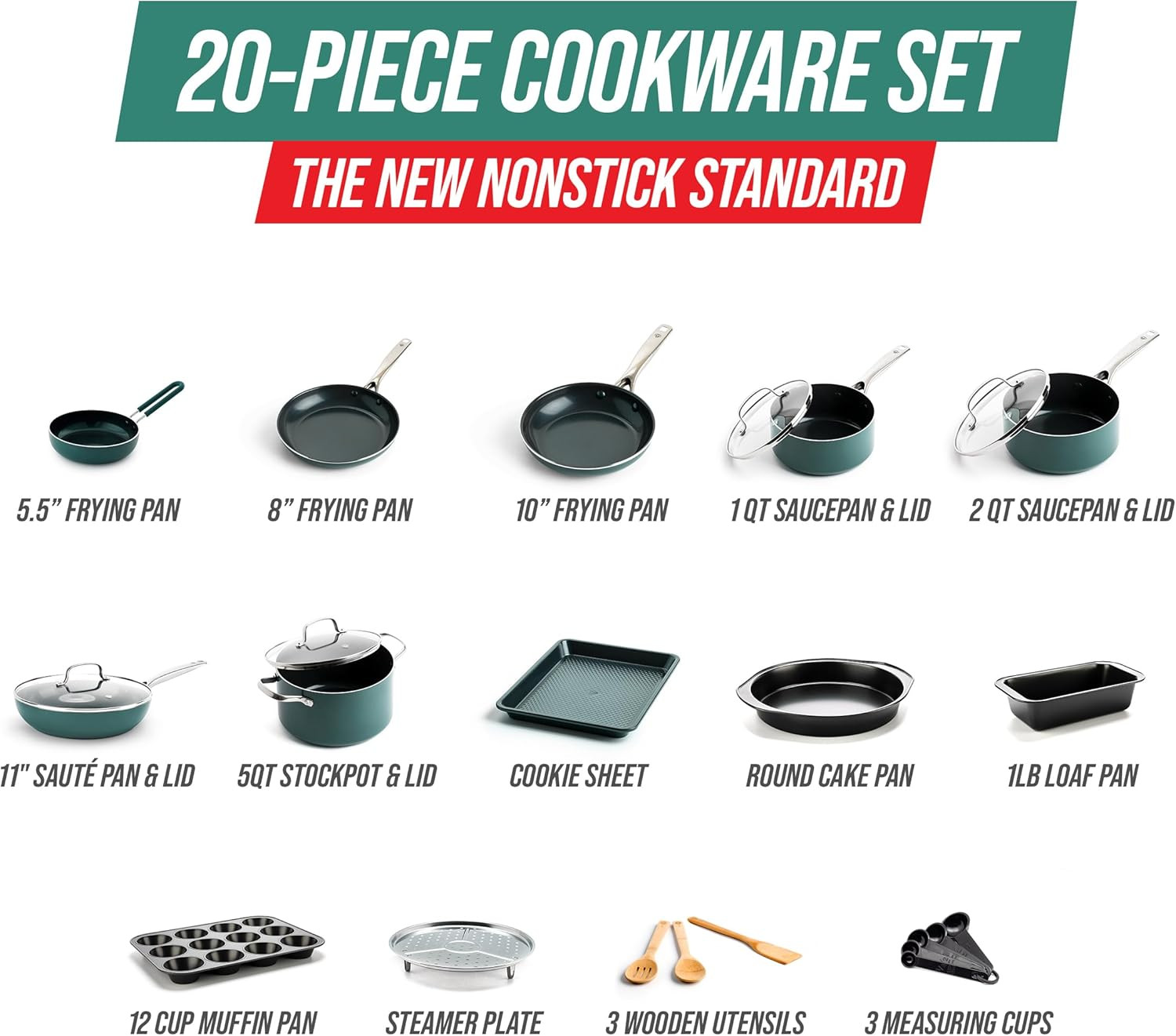 20 Piece Cookware Set, Green
