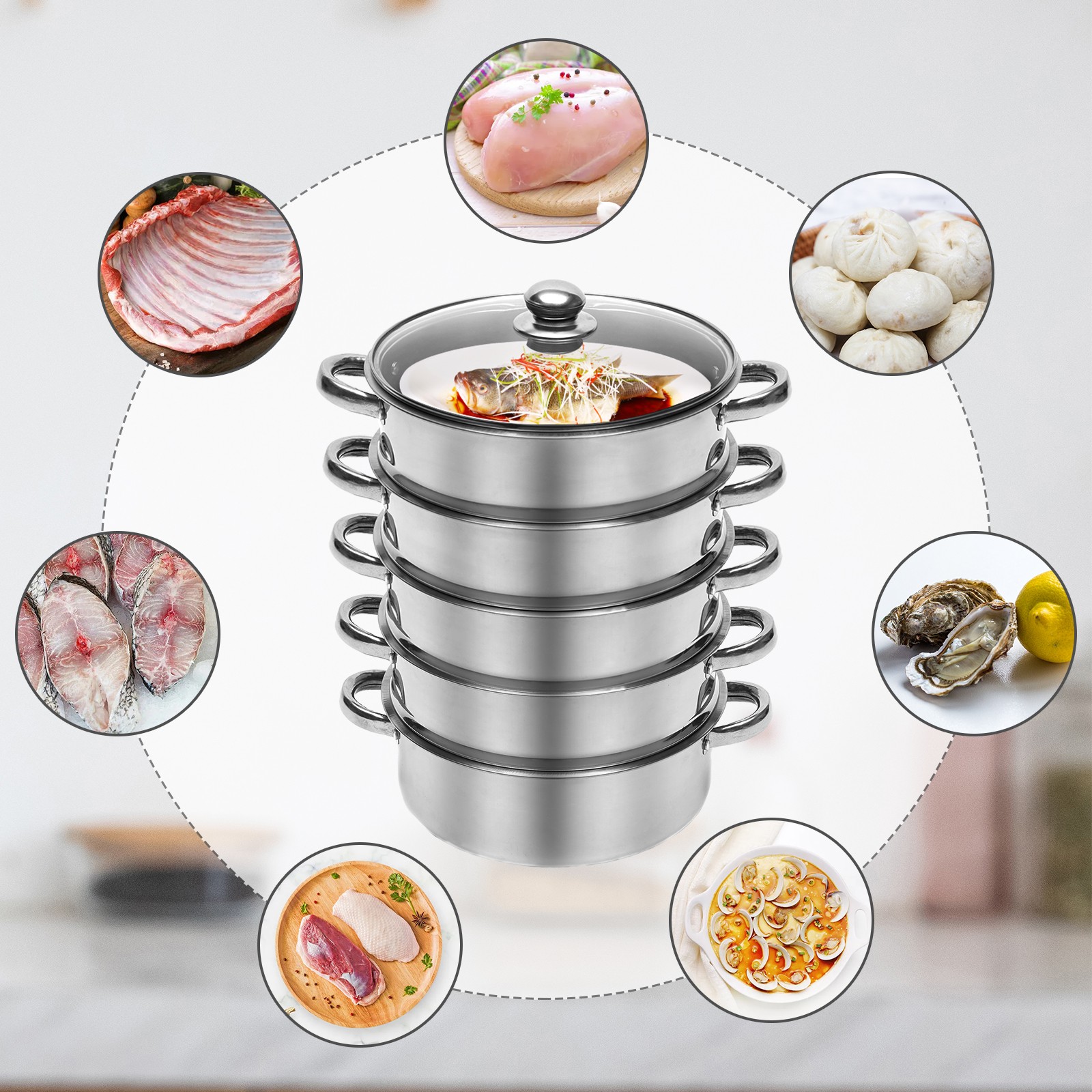 5 Tier Stainless Steel Steamer Cooker Steam Pot Kitchen Food Cooking + Glass lid
