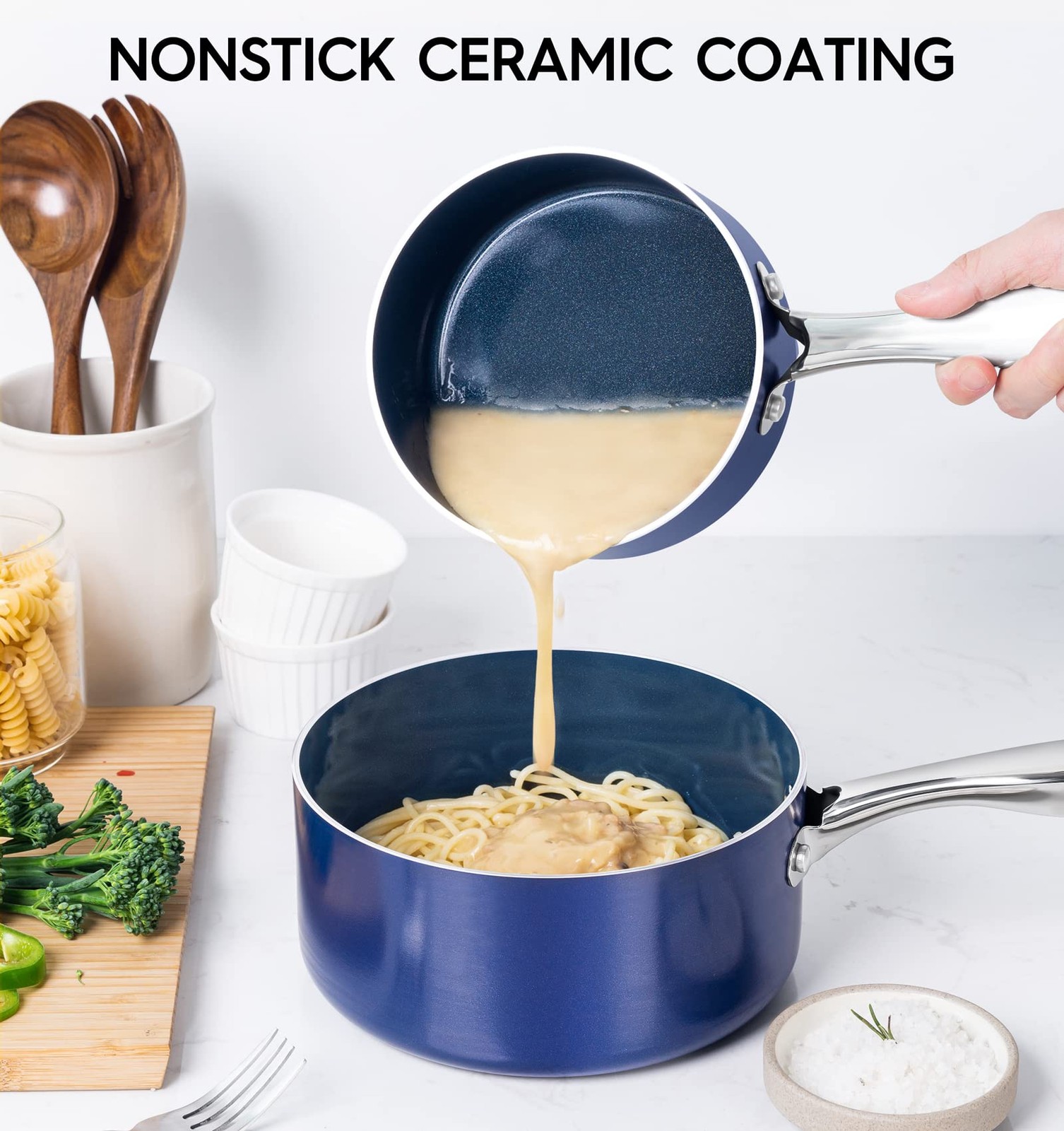 Saucepan With Lid 3 Quart Nonstick Ceramic Stainless Handle Blue Oven Safe