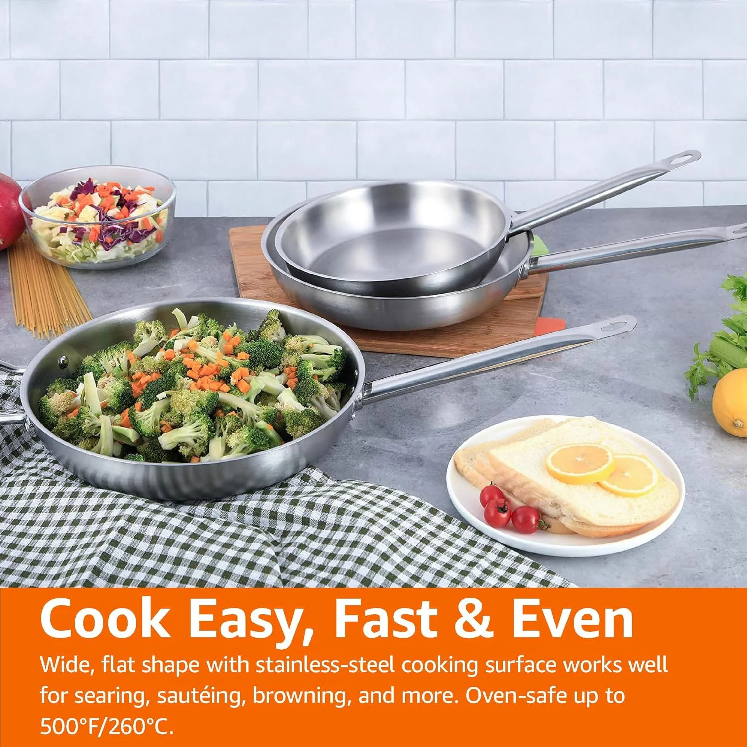 3-Piece Stainless Steel Aluminum-Clad Fry Pan Set, Dishwasher Safe