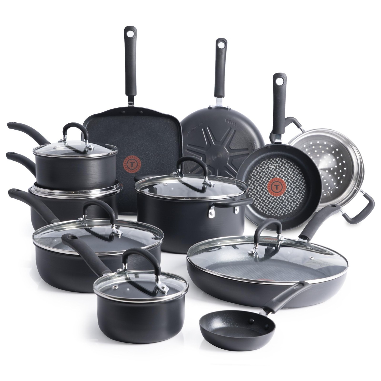 T-fal Ultimate Hard Anodized Nonstick Cookware Set 17 Piece, Pots , Safe Black