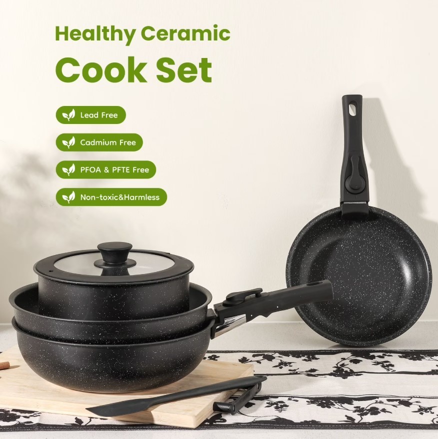 Gianna 12 Pcs Non-Stick Cookware Set, Pots and Pans Set, with Spatula & Detachab