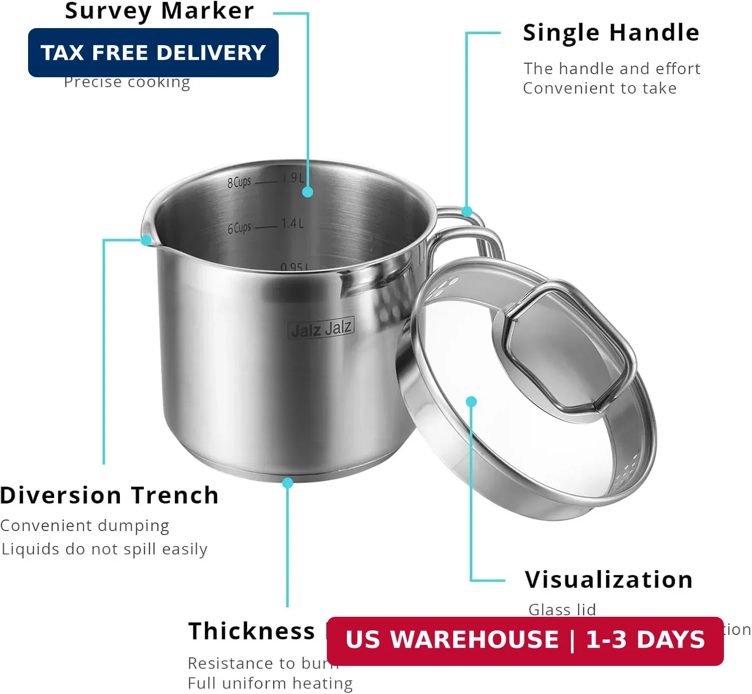 Jalz Jalz Small 2-Quart Stainless Steel Saucepan with Glass Lid – Compact Sauce