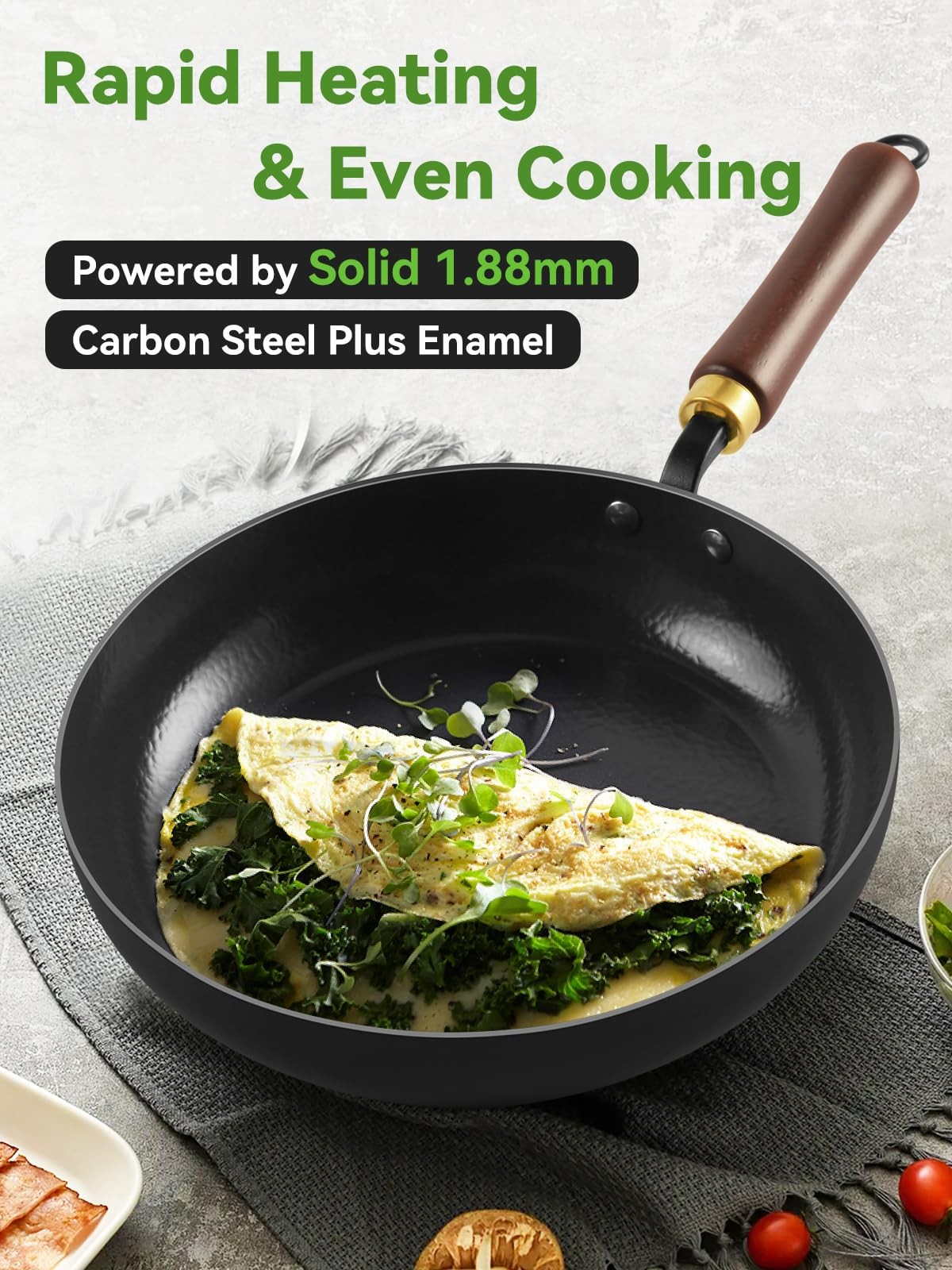 Carbon Steel Skillet, 11-Inch Nonstick Frying Pan, Season-Free Enameled Carbo…