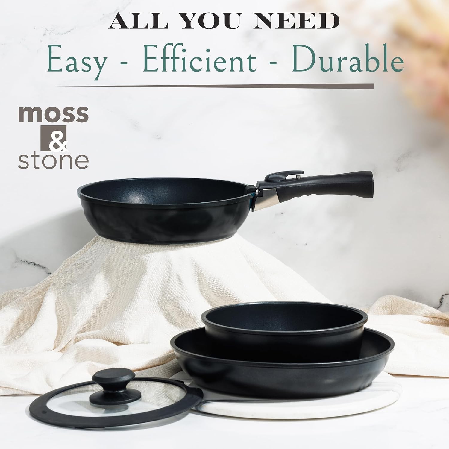 Moss & Stone 10pc Nonstick Cookware Set, Removable Handles, RV/Camping