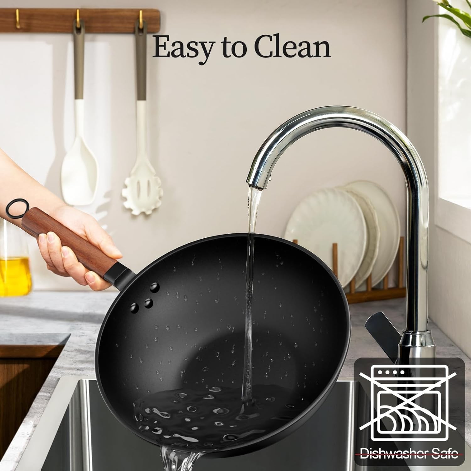 13Inch Carbon Steel Wok Lid Spatula PreSeasoned NonStick Flat Bottom Pan