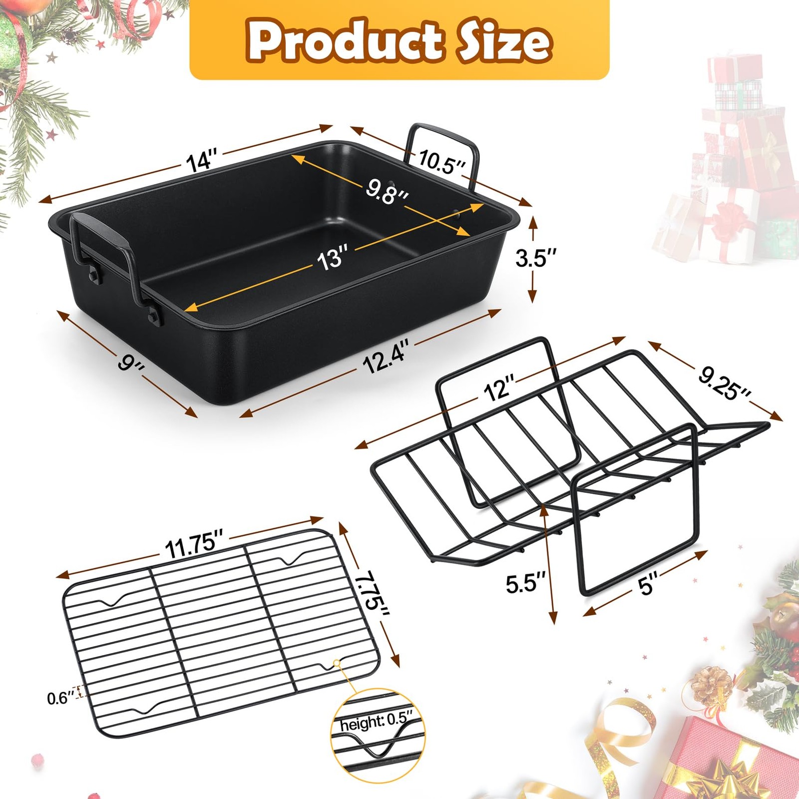 TeamFar Roasting Pan, 14inch Coated Turkey Roaster Lasagna Pan with V-Shaped Rac